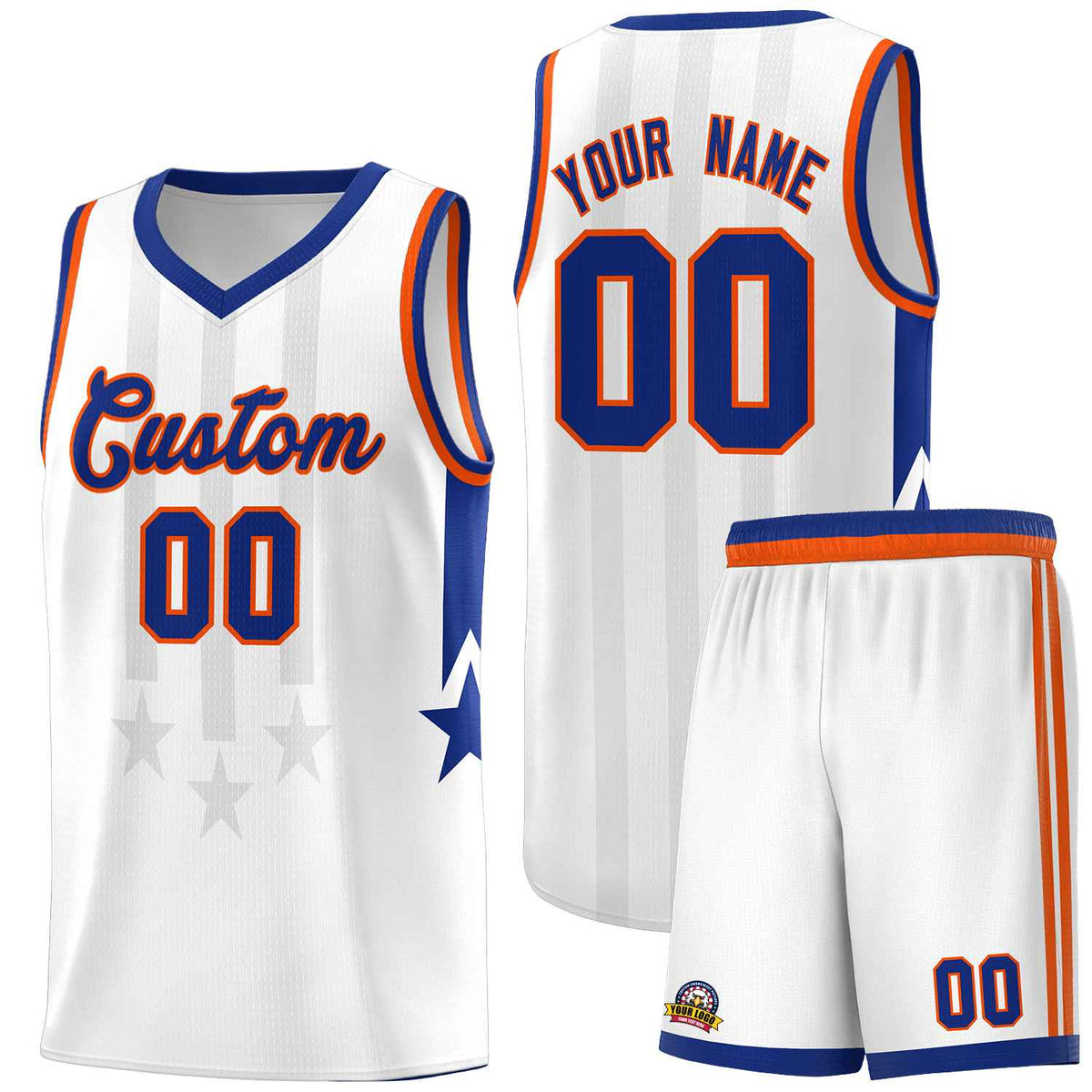 Custom White Royal and Orange Gradient Star Graffiti Pattern Sports Uniform Basketball Jersey