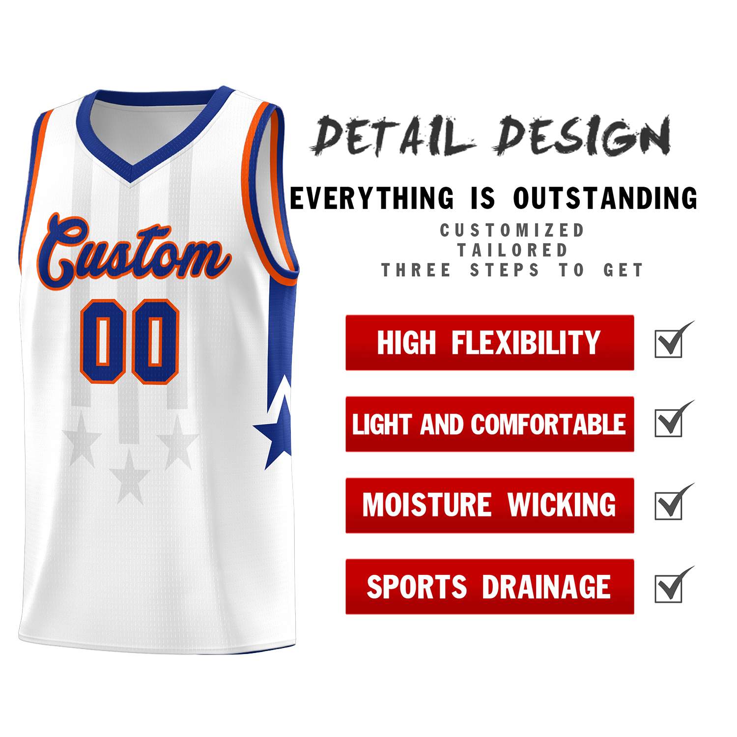 Custom White Royal and Orange Gradient Star Graffiti Pattern Sports Uniform Basketball Jersey