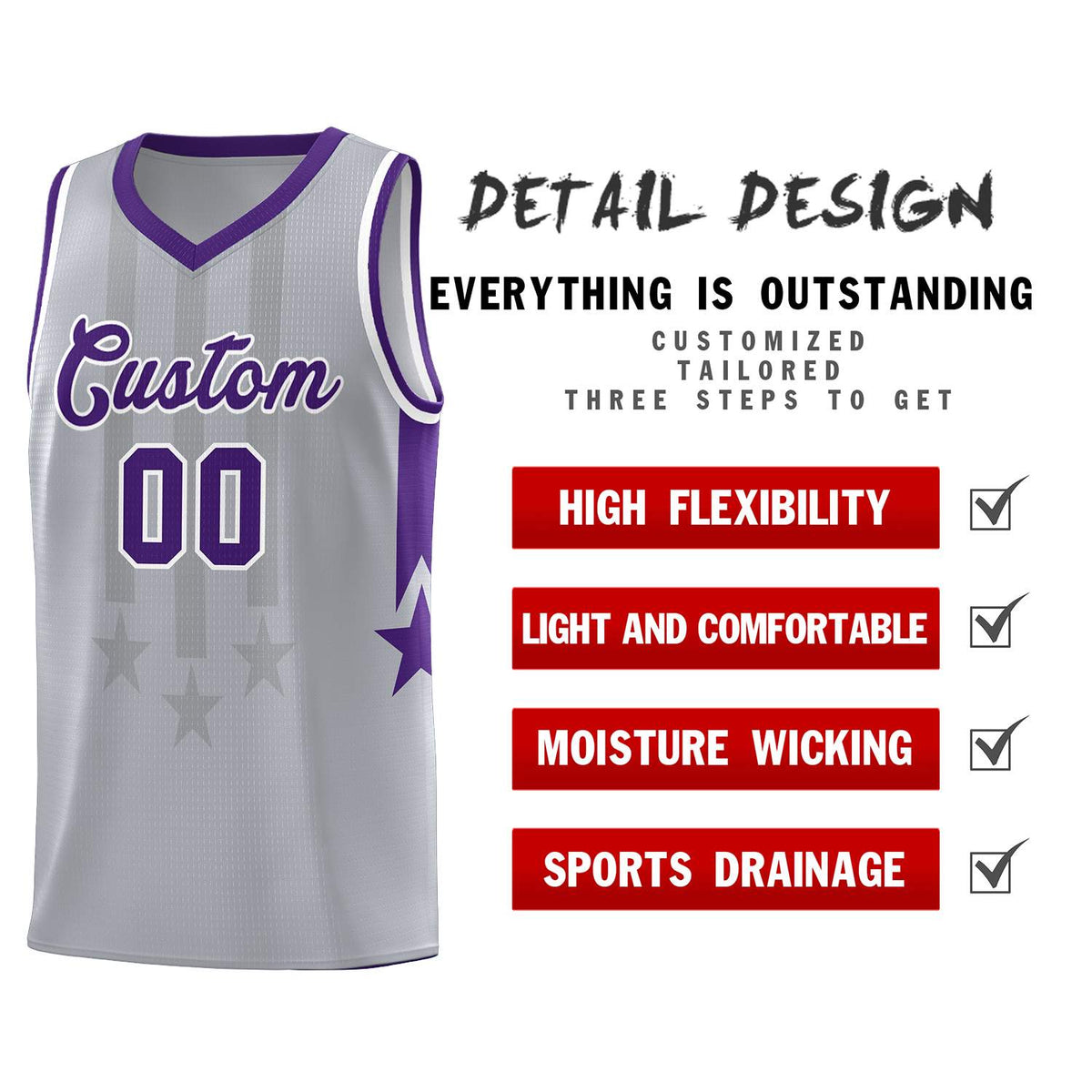Custom Gray Purple and White Gradient Star Graffiti Pattern Sports Uniform Basketball Jersey