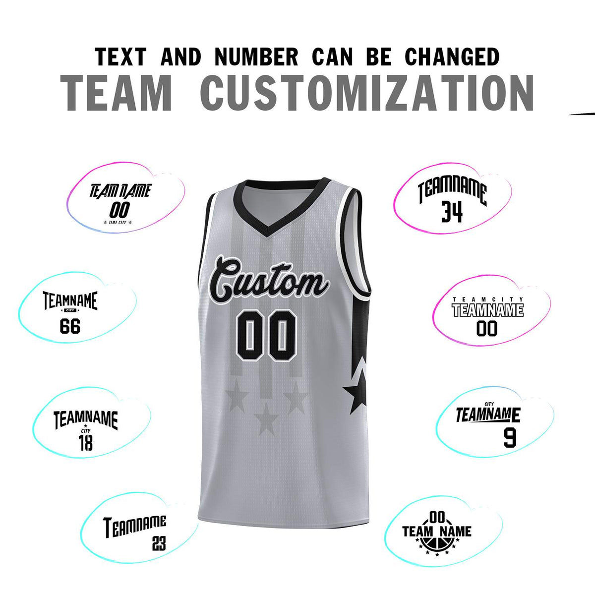 Custom Gray Black and White Gradient Star Graffiti Pattern Sports Uniform Basketball Jersey