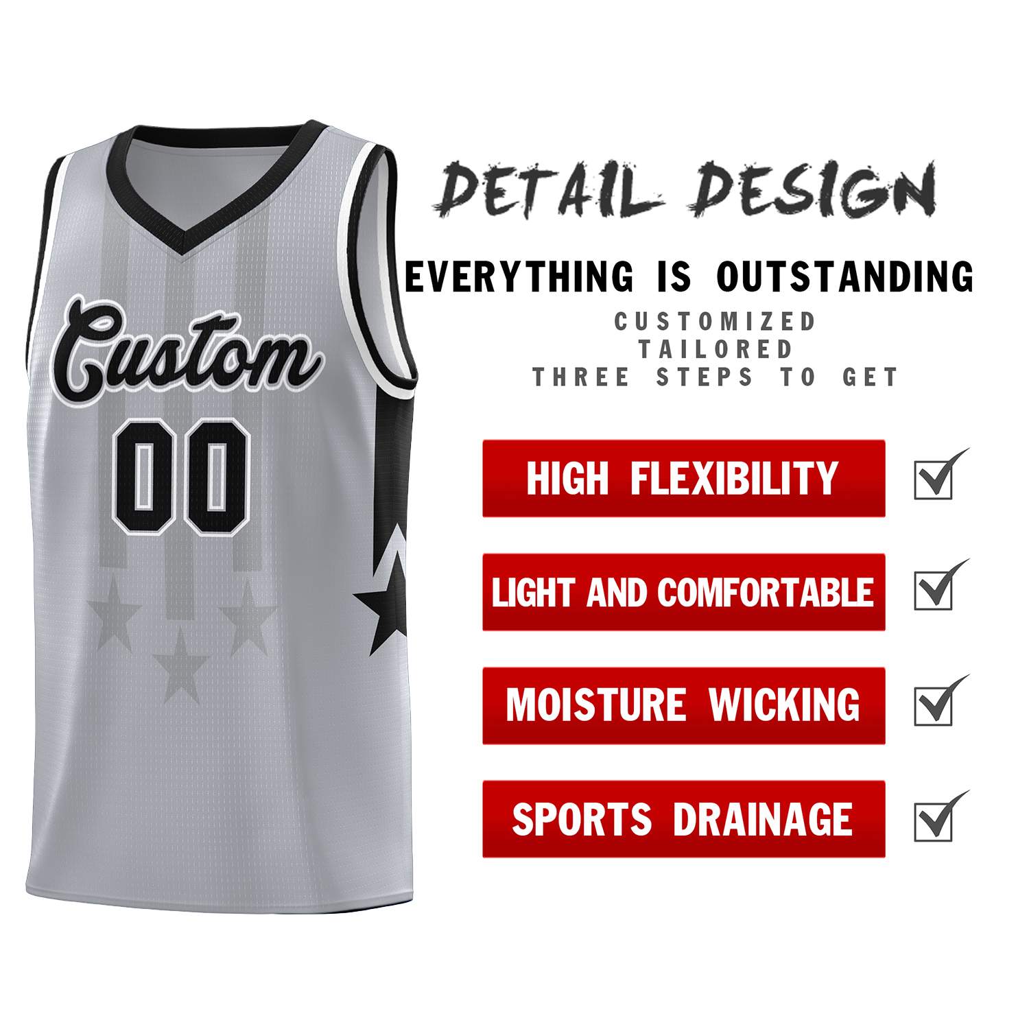 Custom Gray Black and White Gradient Star Graffiti Pattern Sports Uniform Basketball Jersey