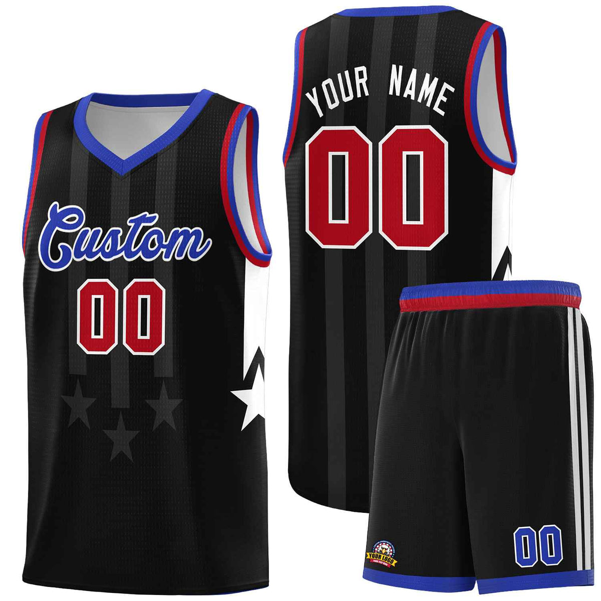 Custom Black Royal and Red Gradient Star Graffiti Pattern Sports Uniform Basketball Jersey