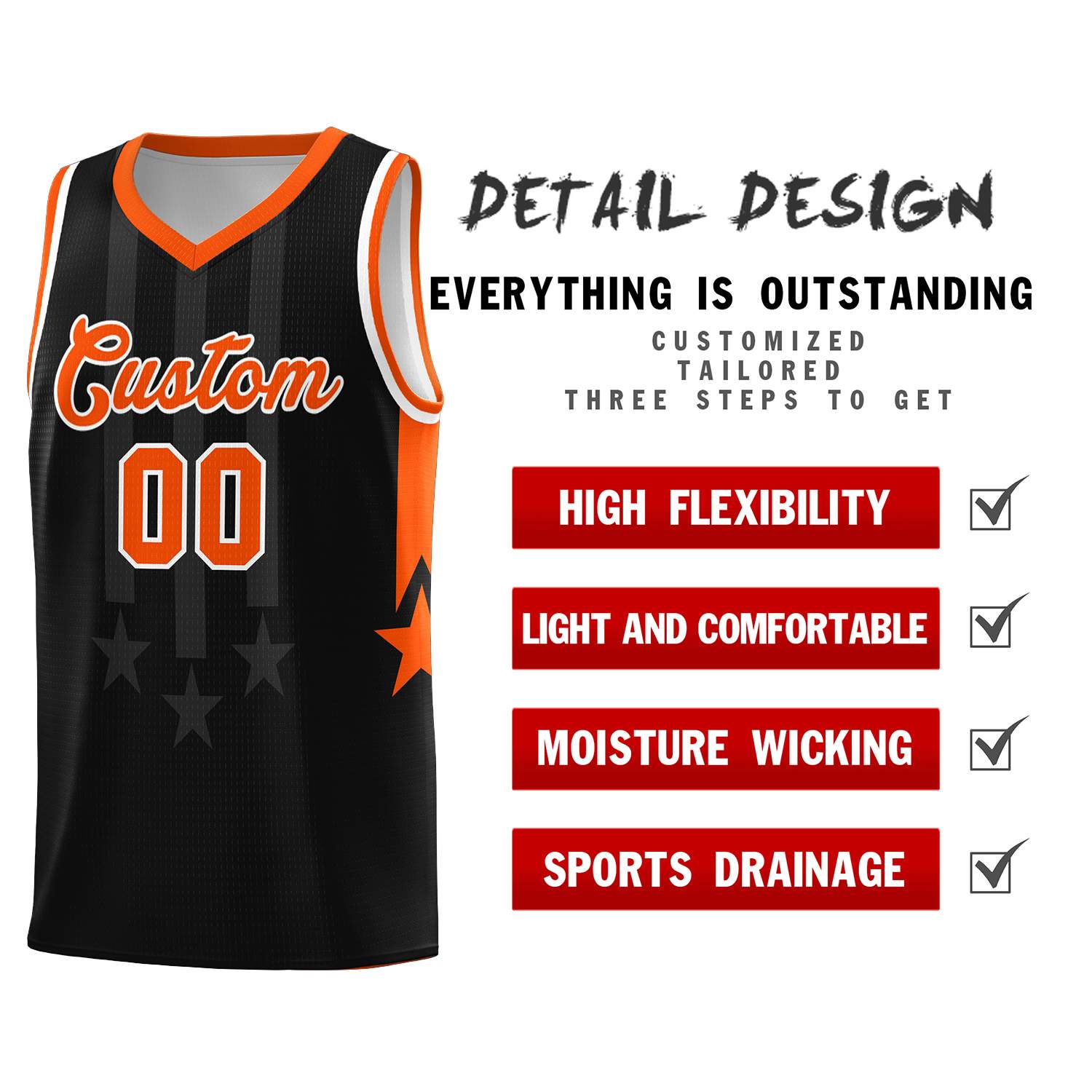 Custom Black Orange and White Gradient Star Graffiti Pattern Sports Uniform Basketball Jersey