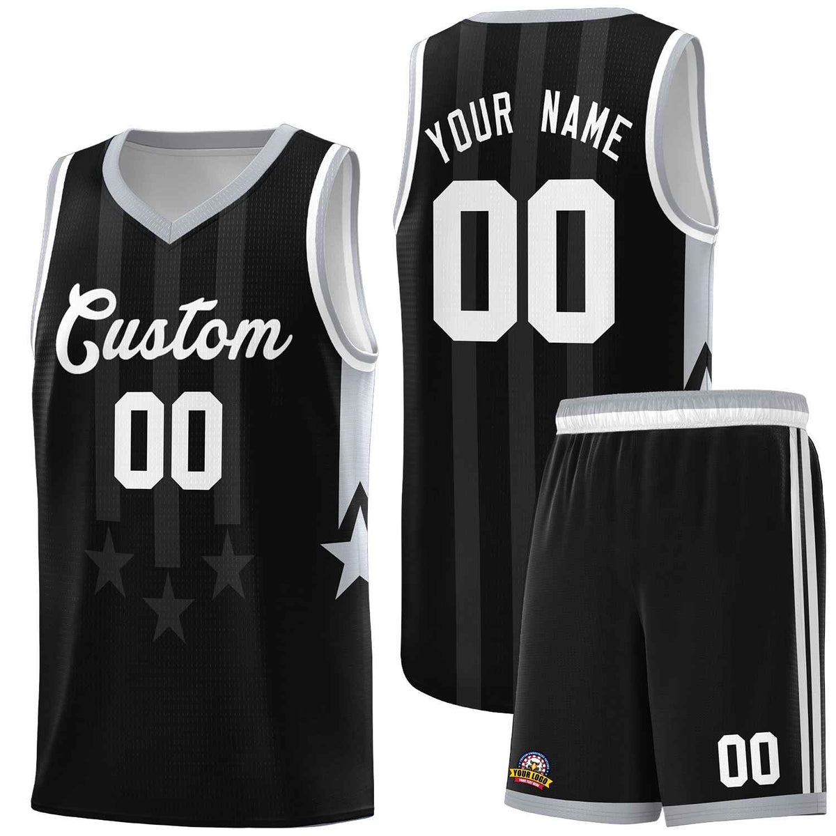 Custom Black Gray and White Gradient Star Graffiti Pattern Sports Uniform Basketball Jersey