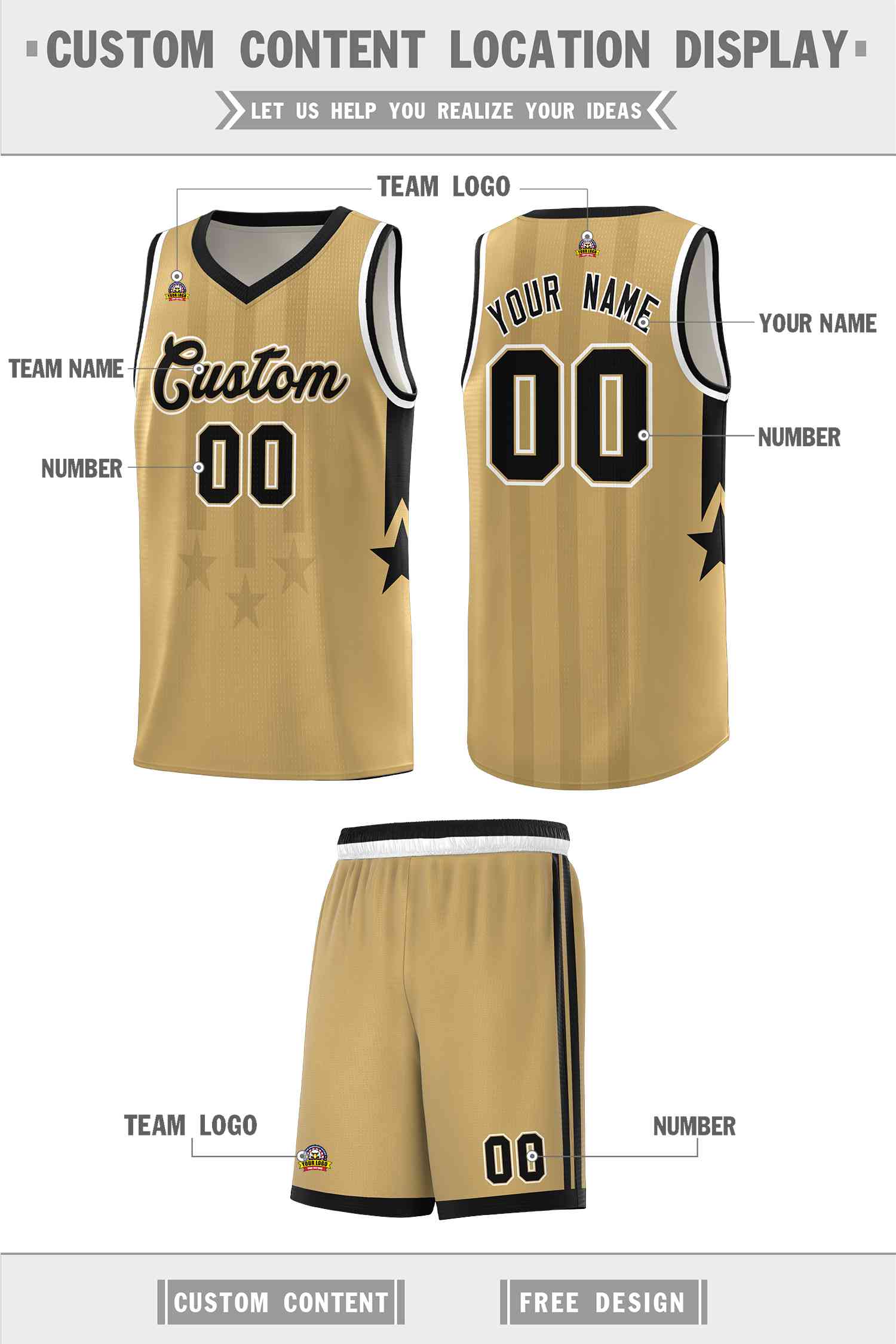 Custom Old Gold Black and White Gradient Star Graffiti Pattern Sports Uniform Basketball Jersey
