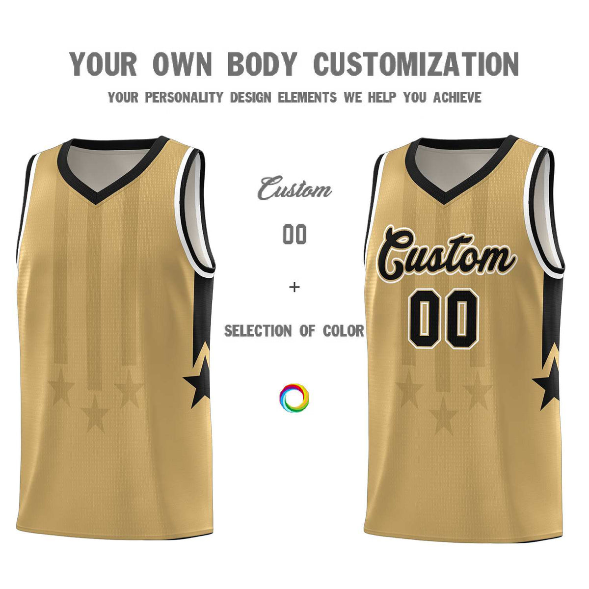 Custom Old Gold Black and White Gradient Star Graffiti Pattern Sports Uniform Basketball Jersey