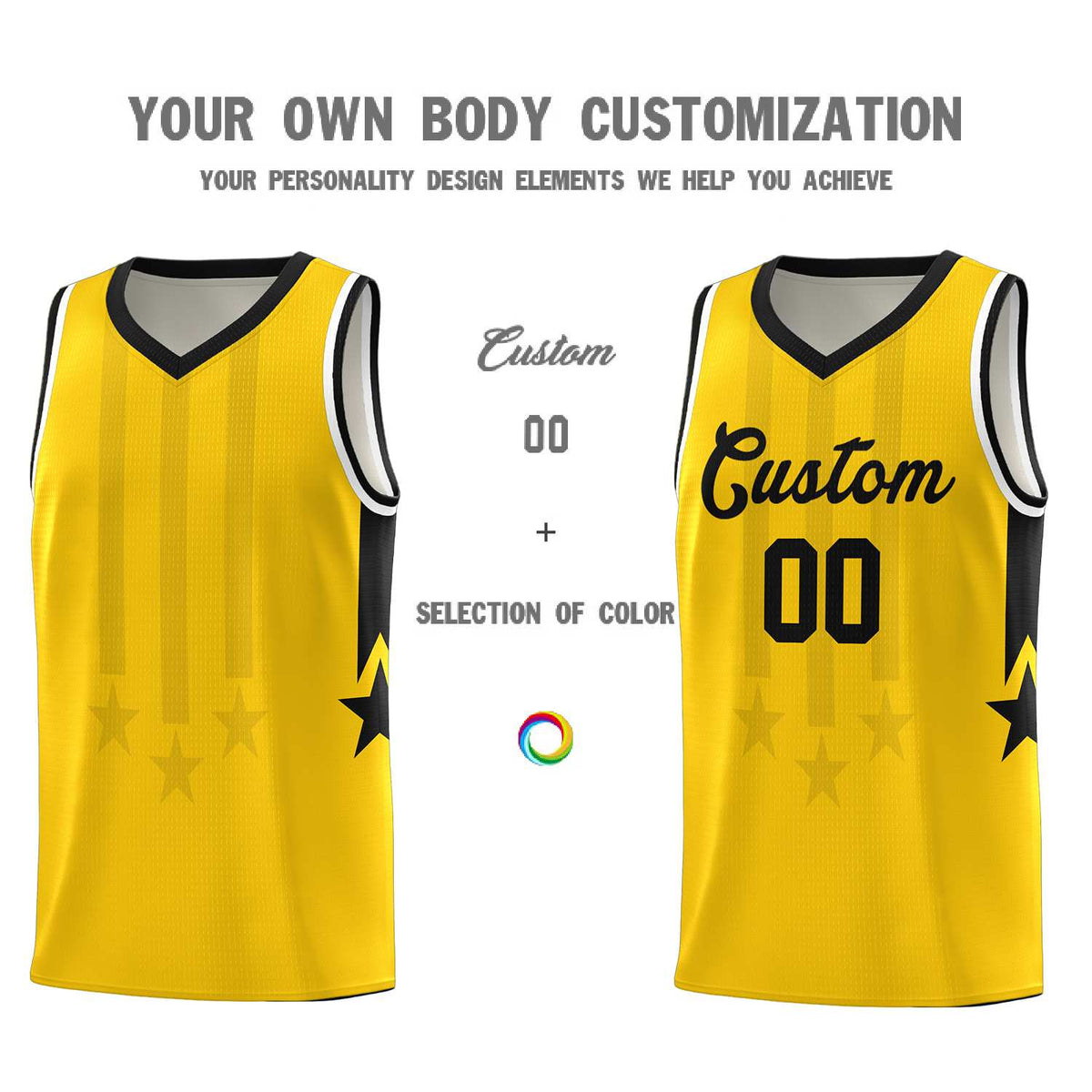 Custom Gold Black and White Gradient Star Graffiti Pattern Sports Uniform Basketball Jersey