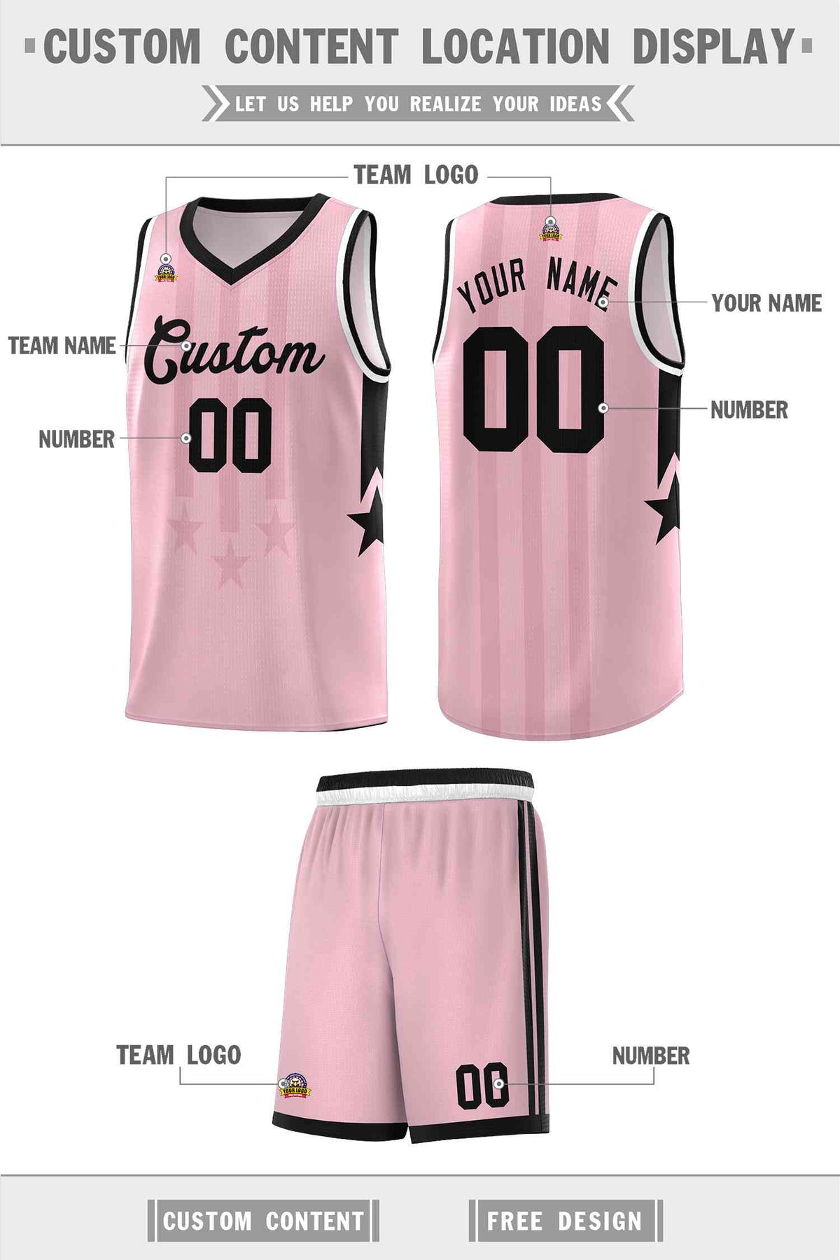 Custom Light Pink Black and White Gradient Star Graffiti Pattern Sports Uniform Basketball Jersey