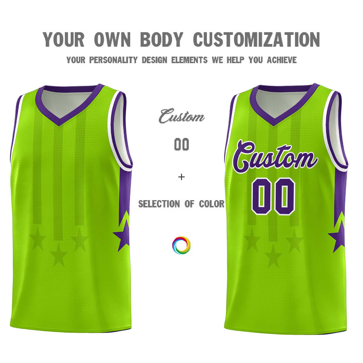 Custom Neon Green Purple and White Gradient Star Graffiti Pattern Sports Uniform Basketball Jersey