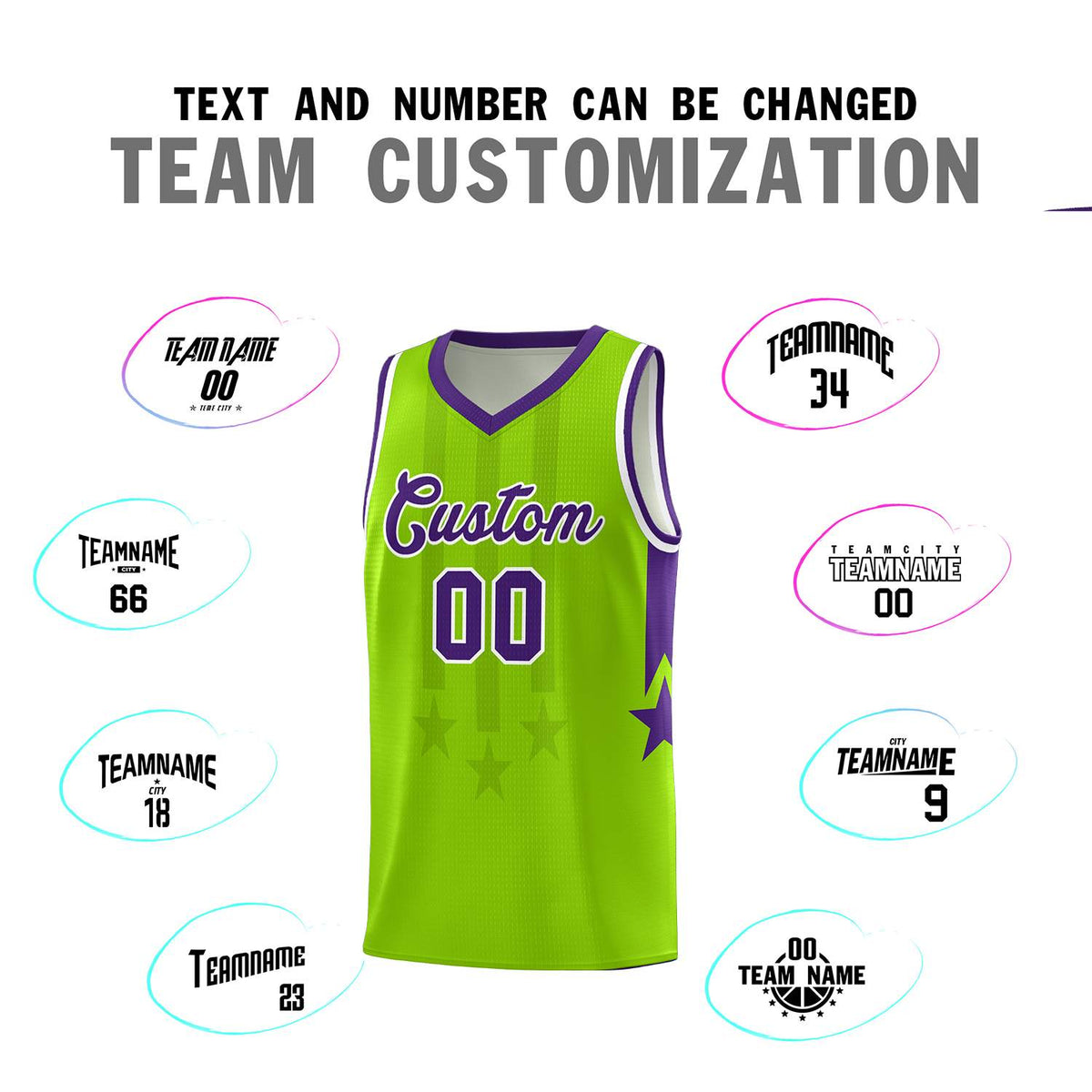 Custom Neon Green Purple and White Gradient Star Graffiti Pattern Sports Uniform Basketball Jersey