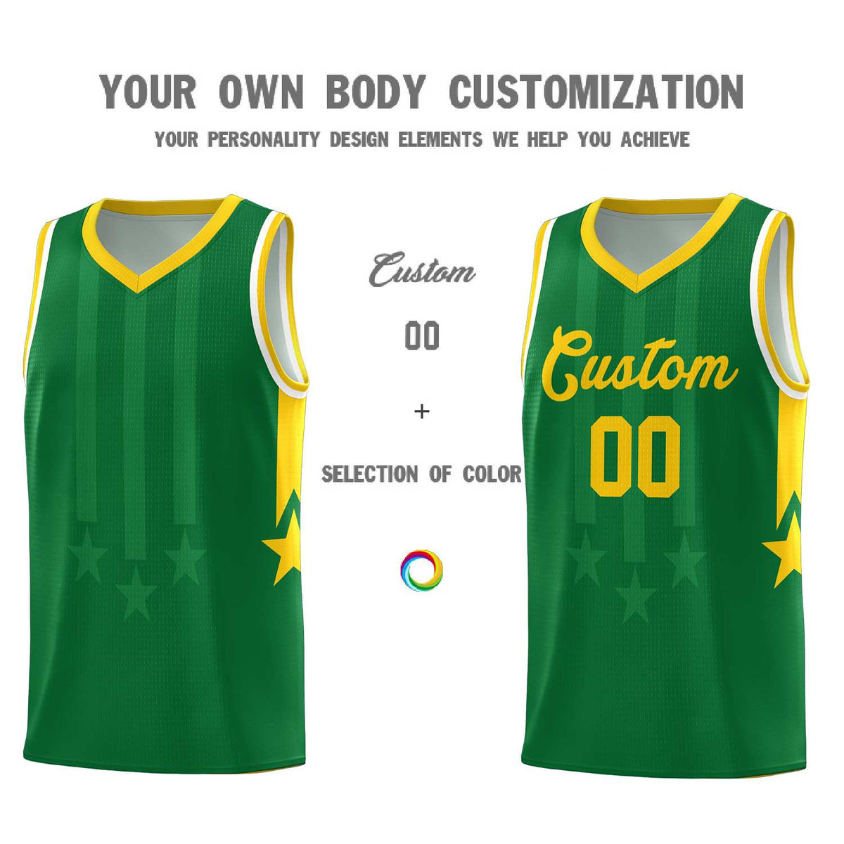 Custom Kelly Green Gold and White Gradient Star Graffiti Pattern Sports Uniform Basketball Jersey
