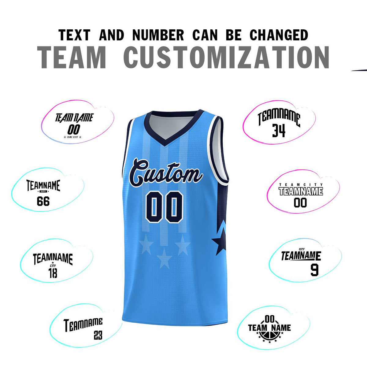 Custom Powder Blue Navy and White Gradient Star Graffiti Pattern Sports Uniform Basketball Jersey