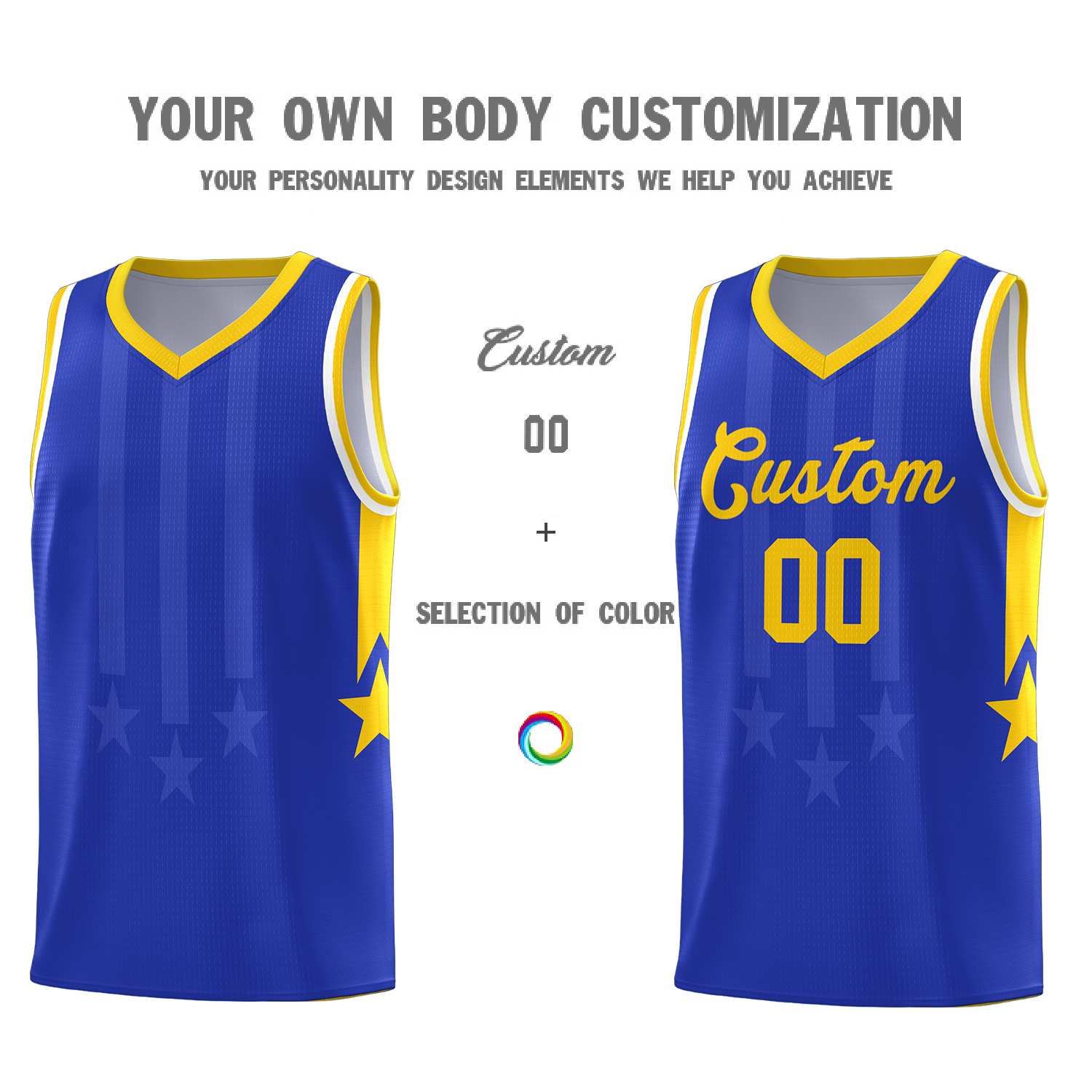 Custom Royal Gold and White Gradient Star Graffiti Pattern Sports Uniform Basketball Jersey