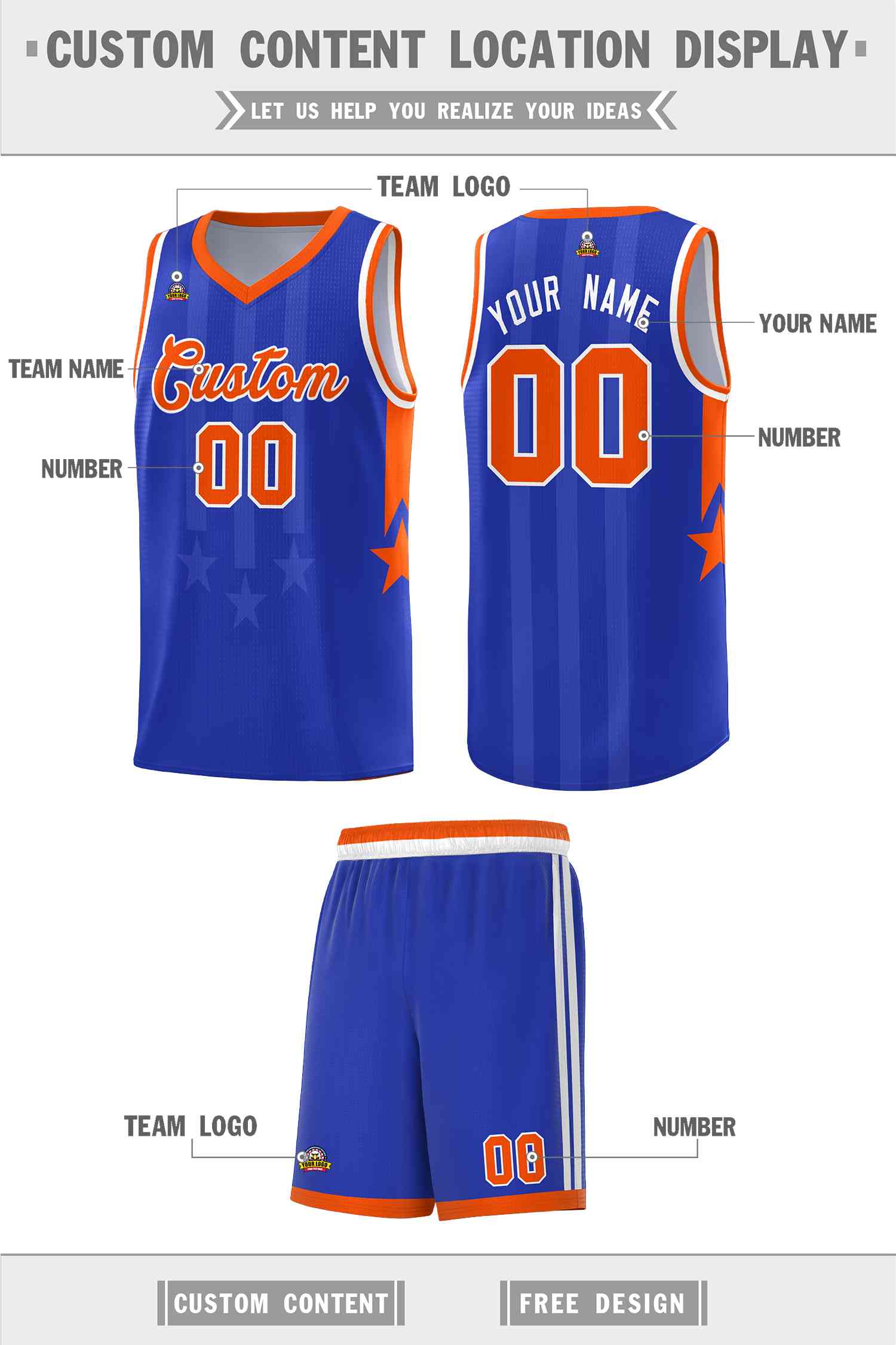 Custom Royal Orange and White Gradient Star Graffiti Pattern Sports Uniform Basketball Jersey