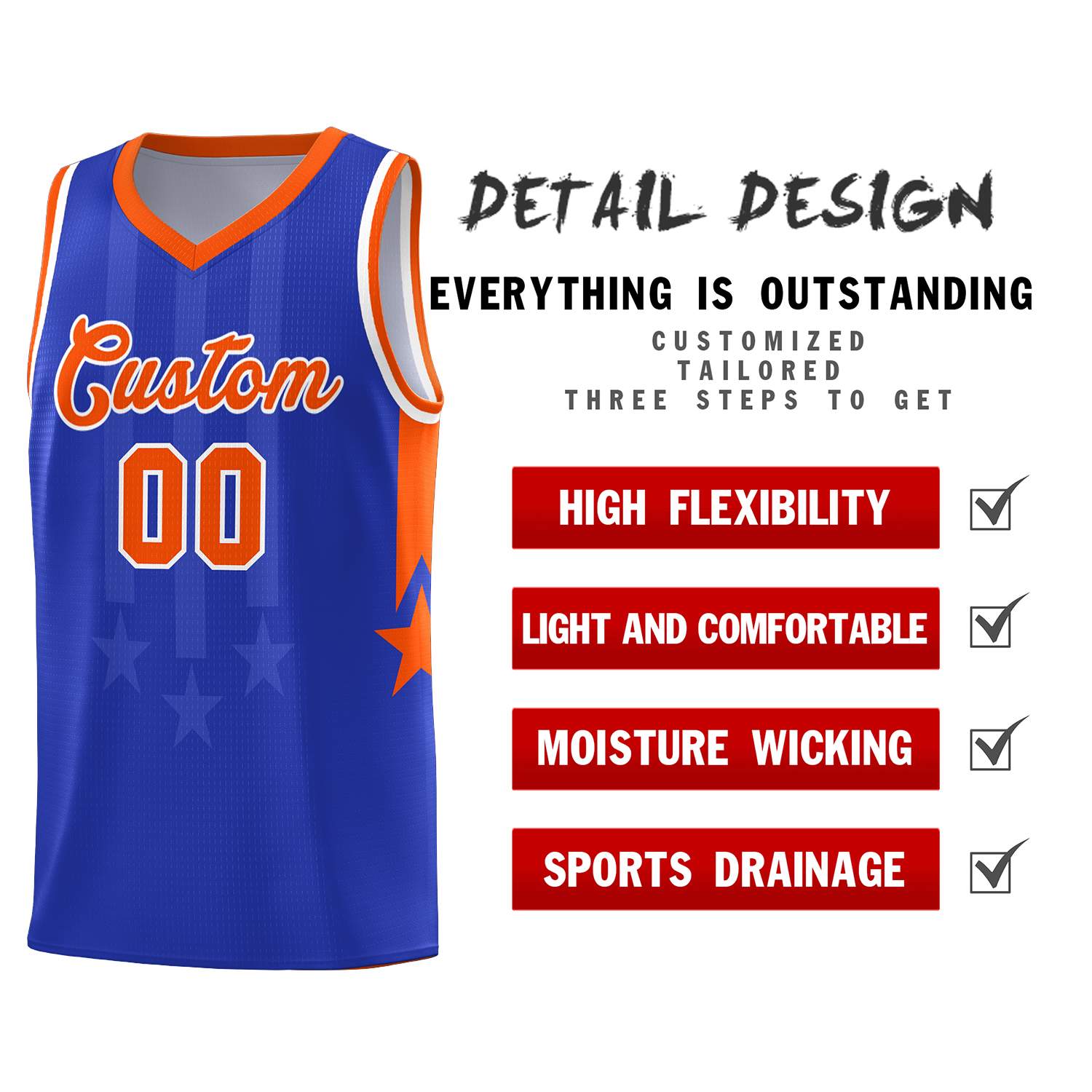 Custom Royal Orange and White Gradient Star Graffiti Pattern Sports Uniform Basketball Jersey
