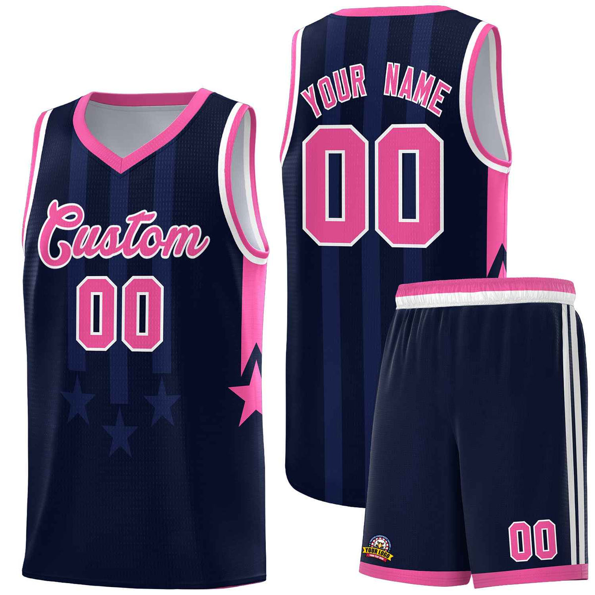 Custom Navy Pink and White Gradient Star Graffiti Pattern Sports Uniform Basketball Jersey