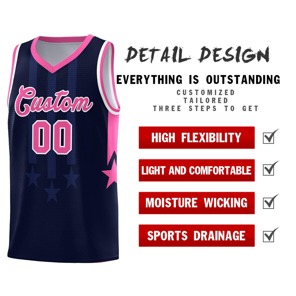Custom Navy Pink and White Gradient Star Graffiti Pattern Sports Uniform Basketball Jersey