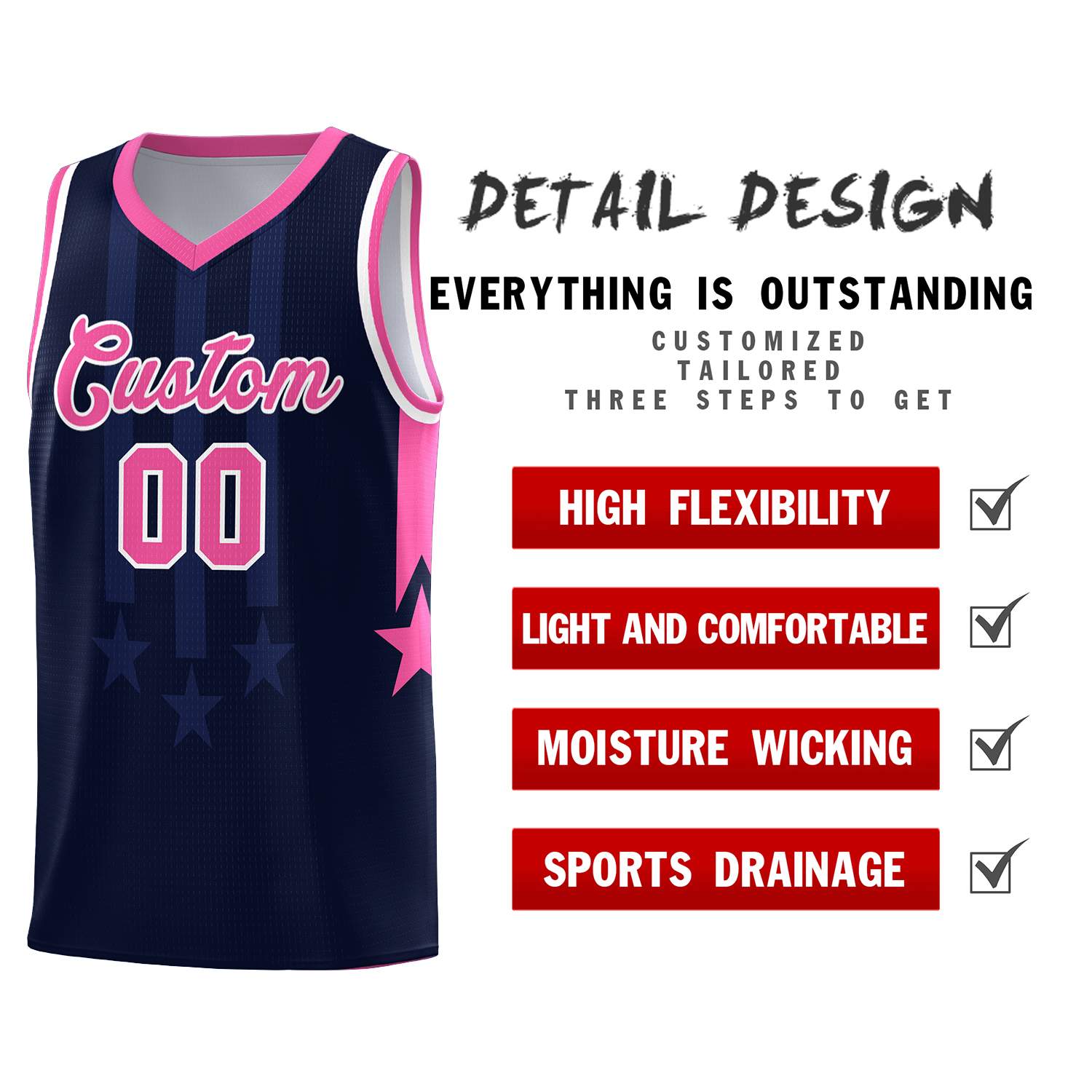 Custom Navy Pink and White Gradient Star Graffiti Pattern Sports Uniform Basketball Jersey
