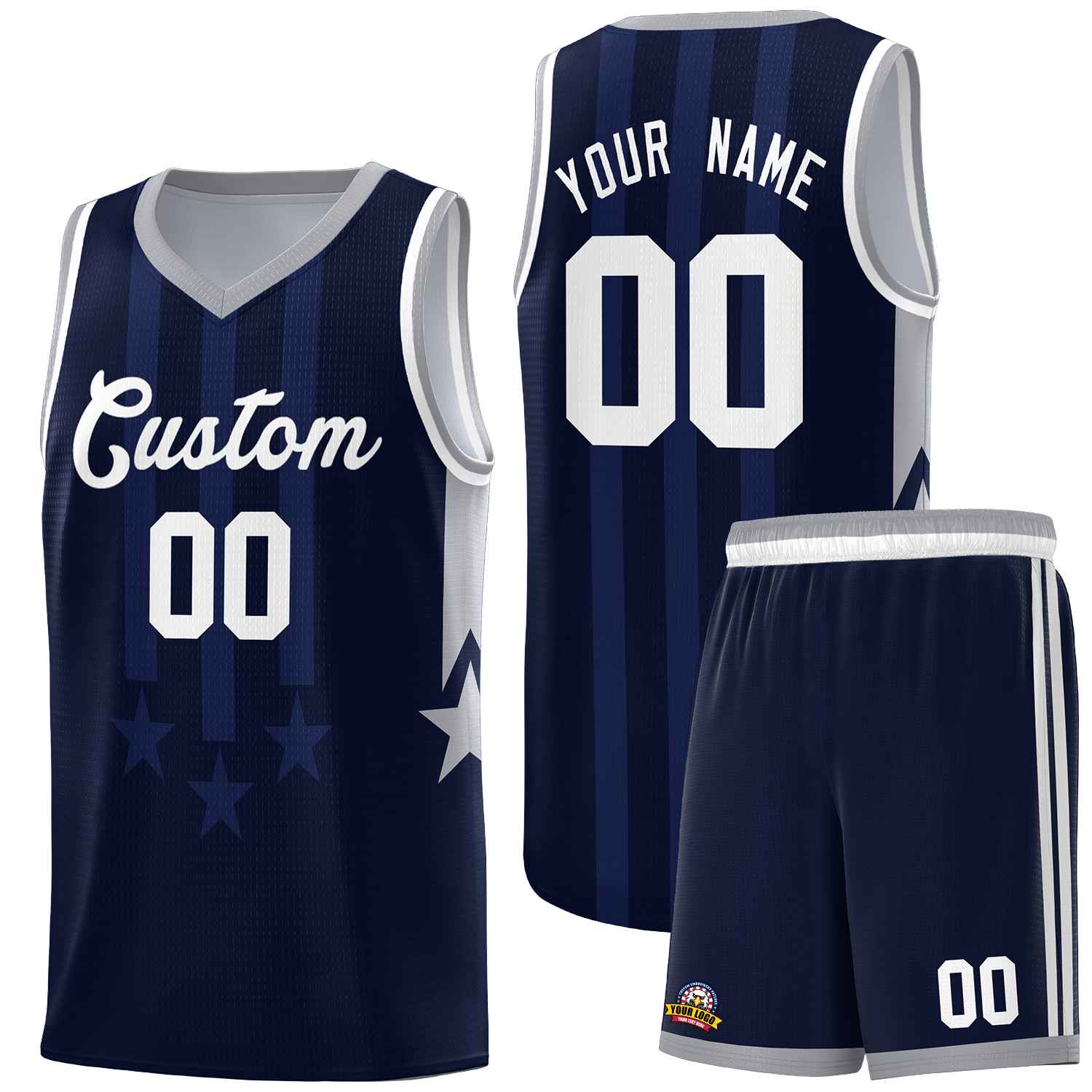 Custom Navy Gray and White Gradient Star Graffiti Pattern Sports Uniform Basketball Jersey