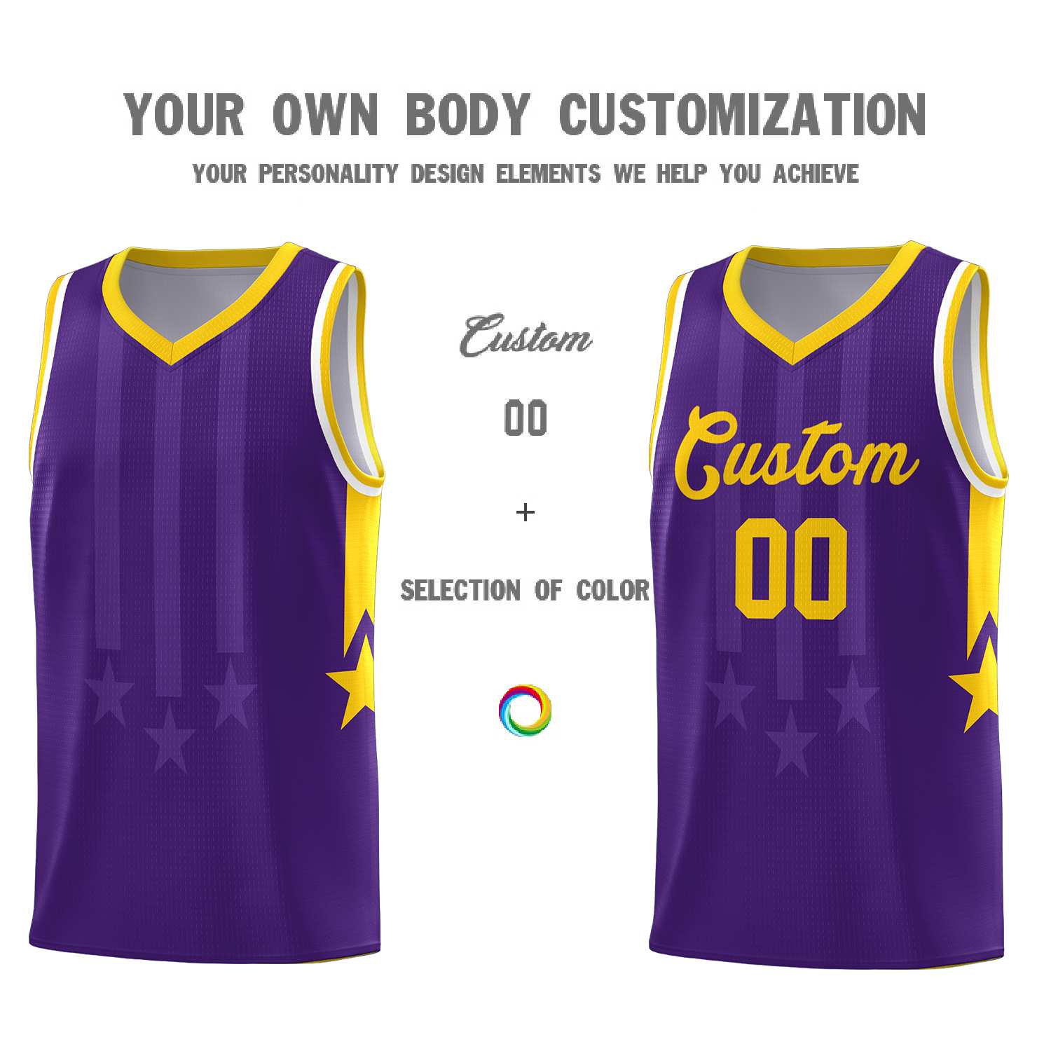 Custom Purple Gold and White Gradient Star Graffiti Pattern Sports Uniform Basketball Jersey