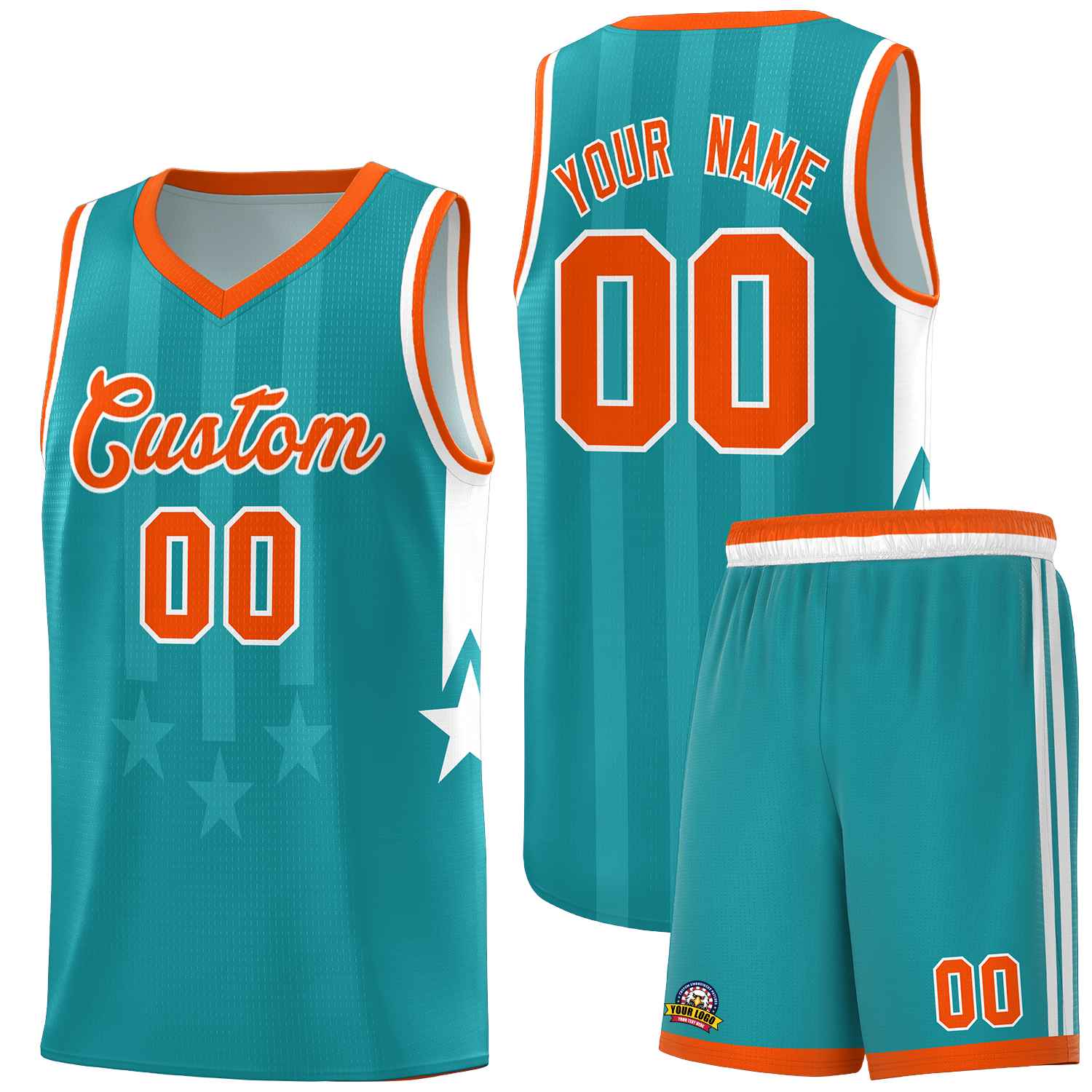 Custom Aqua Orange and White Gradient Star Graffiti Pattern Sports Uniform Basketball Jersey