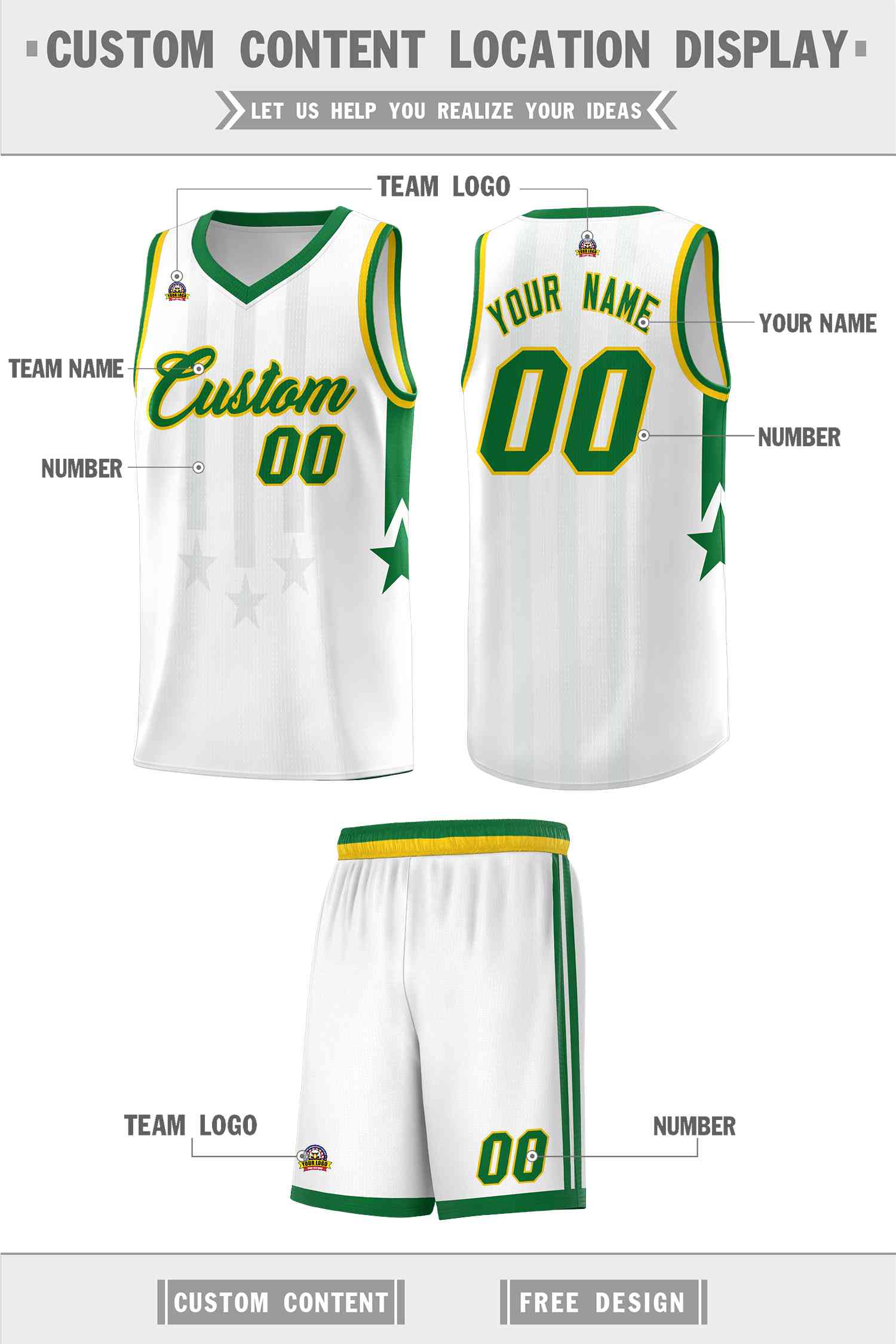 Custom White Kelly Green and Gold Gradient Star Graffiti Pattern Sports Uniform Basketball Jersey
