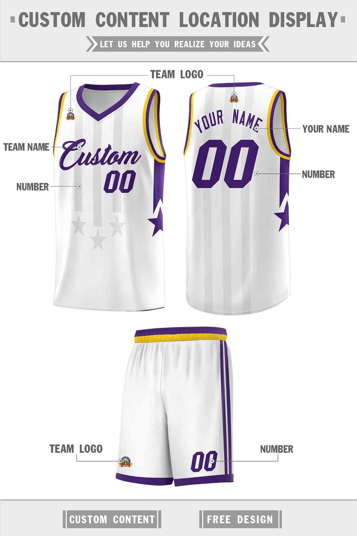 Custom White Purple and Gold Gradient Star Graffiti Pattern Sports Uniform Basketball Jersey