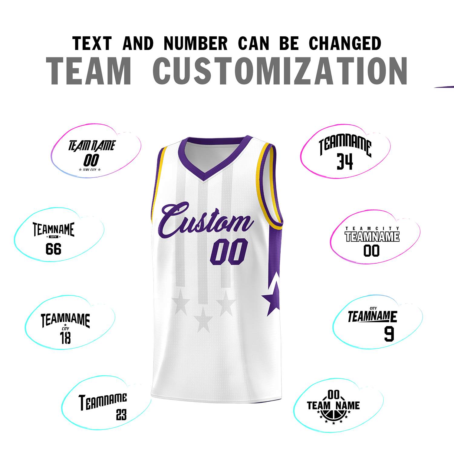 Custom White Purple and Gold Gradient Star Graffiti Pattern Sports Uniform Basketball Jersey