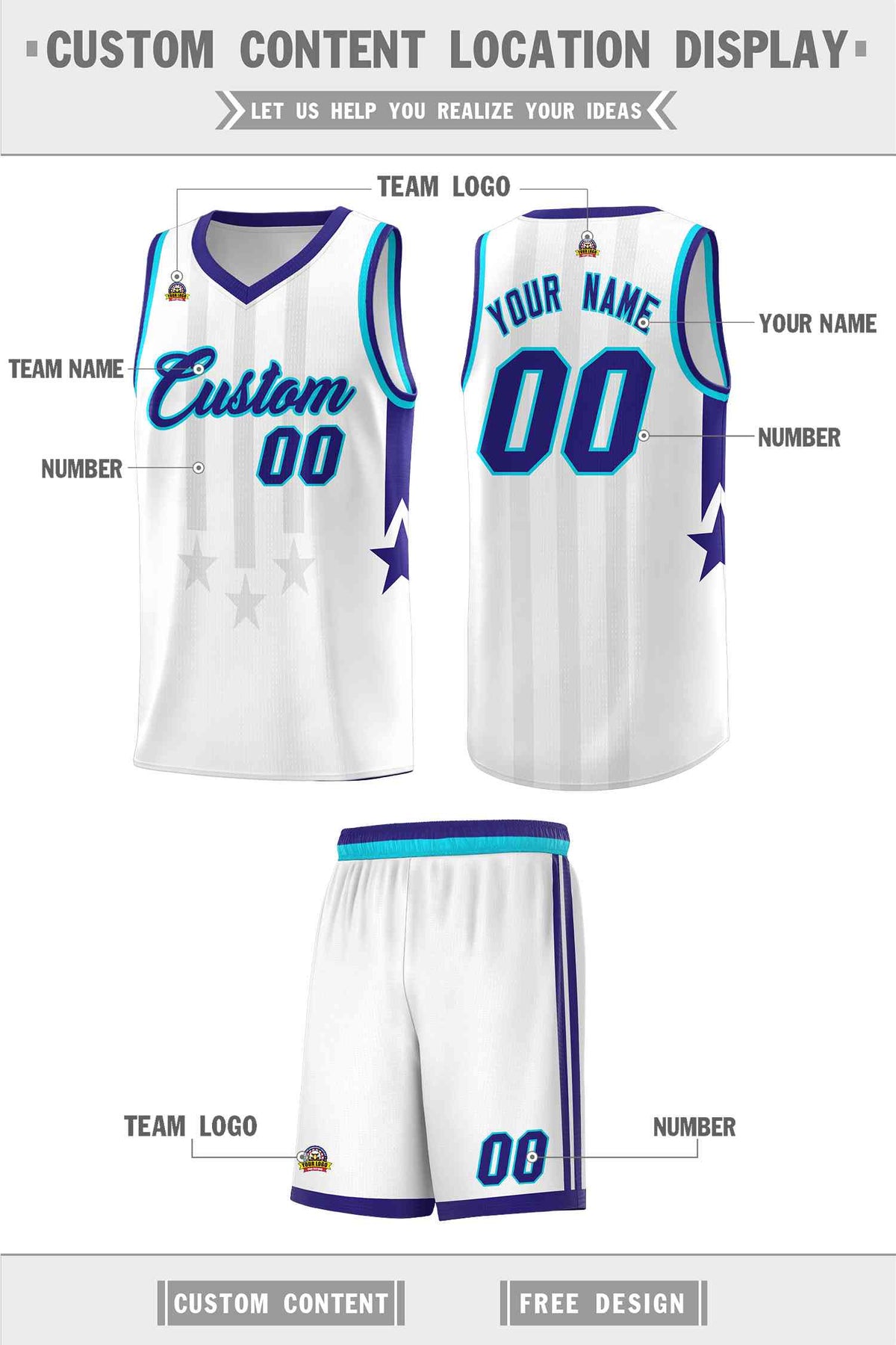 Custom White Purple and Sky Blue Gradient Star Graffiti Pattern Sports Uniform Basketball Jersey