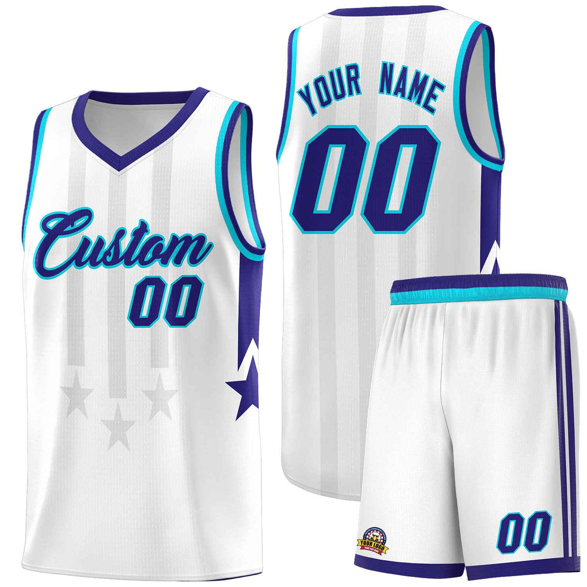 Custom White Purple and Sky Blue Gradient Star Graffiti Pattern Sports Uniform Basketball Jersey