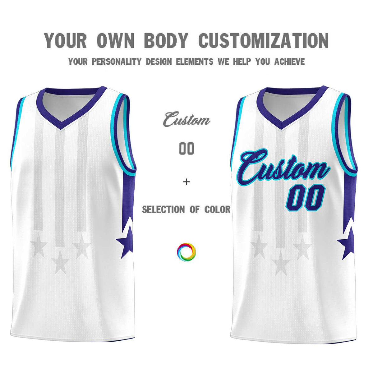 Custom White Purple and Sky Blue Gradient Star Graffiti Pattern Sports Uniform Basketball Jersey