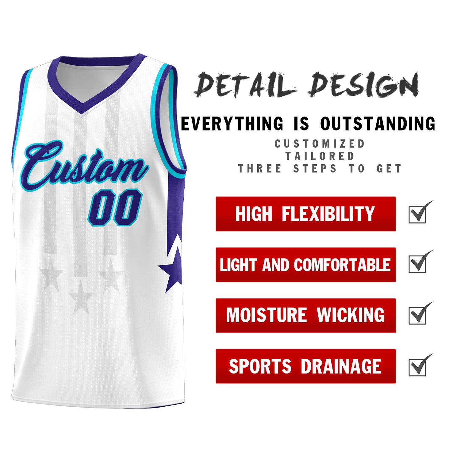 Custom White Purple and Sky Blue Gradient Star Graffiti Pattern Sports Uniform Basketball Jersey