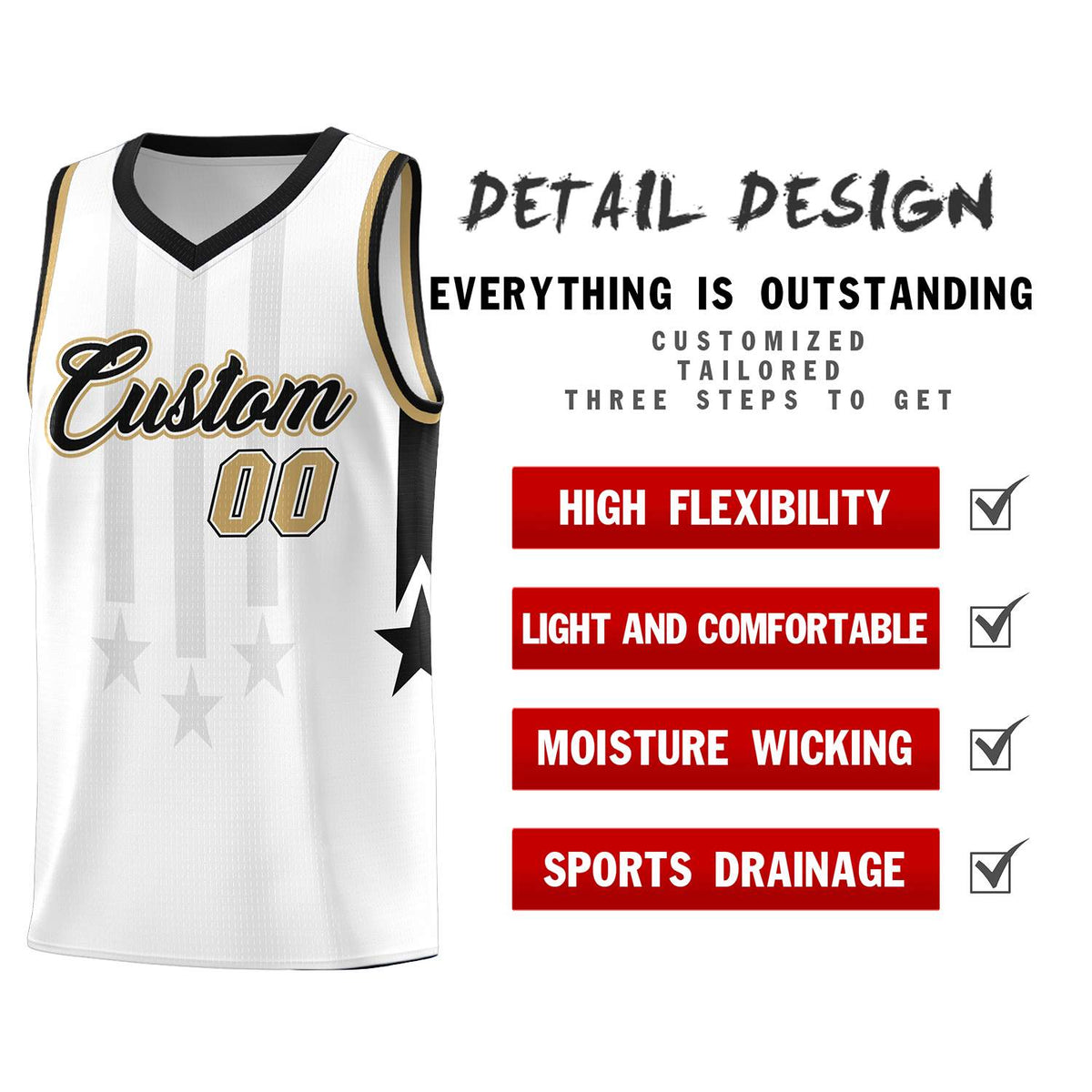 Custom White Black and Old Gold Gradient Star Graffiti Pattern Sports Uniform Basketball Jersey