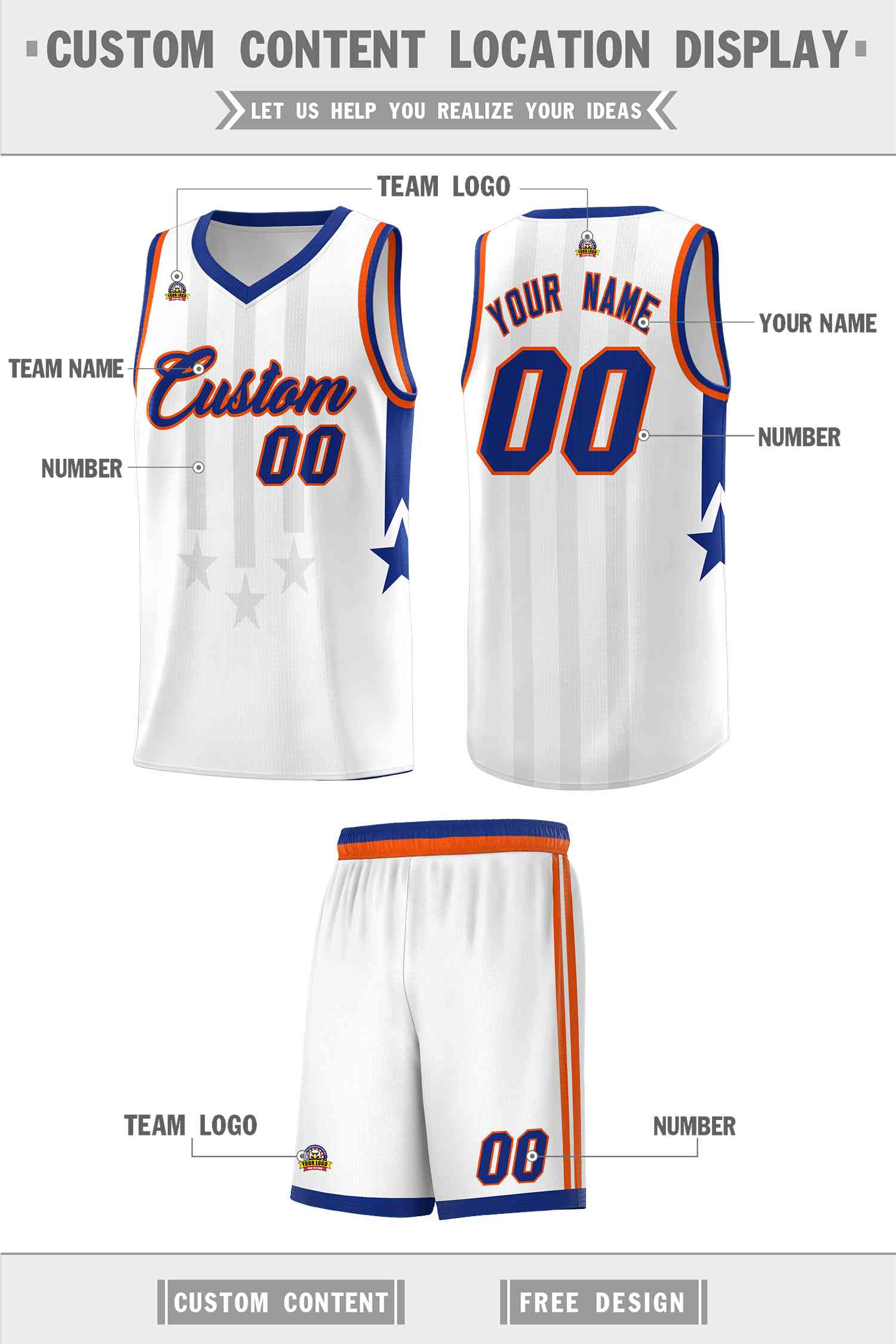 Custom White Royal and Orange Gradient Star Graffiti Pattern Sports Uniform Basketball Jersey