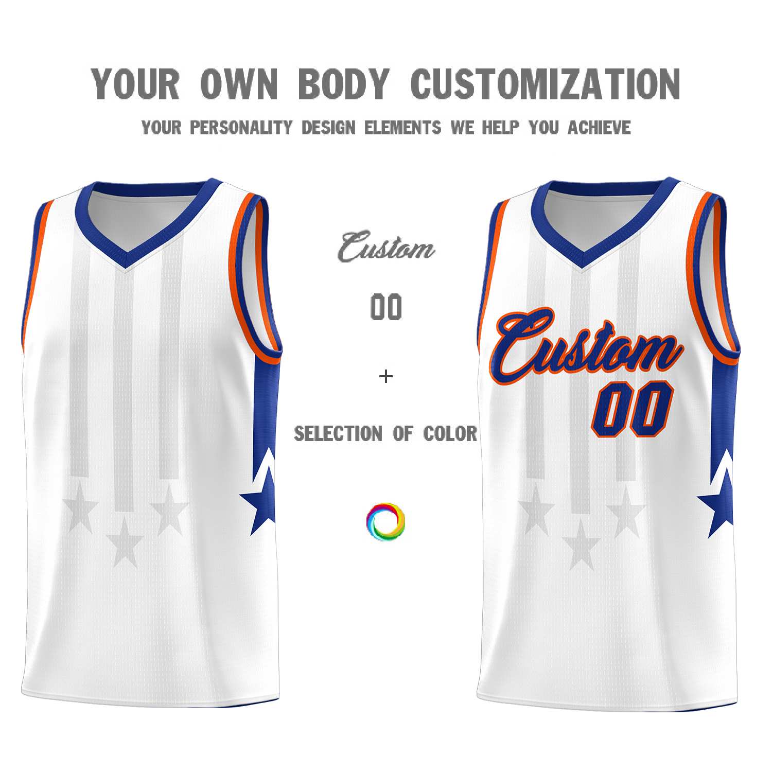Custom White Royal and Orange Gradient Star Graffiti Pattern Sports Uniform Basketball Jersey