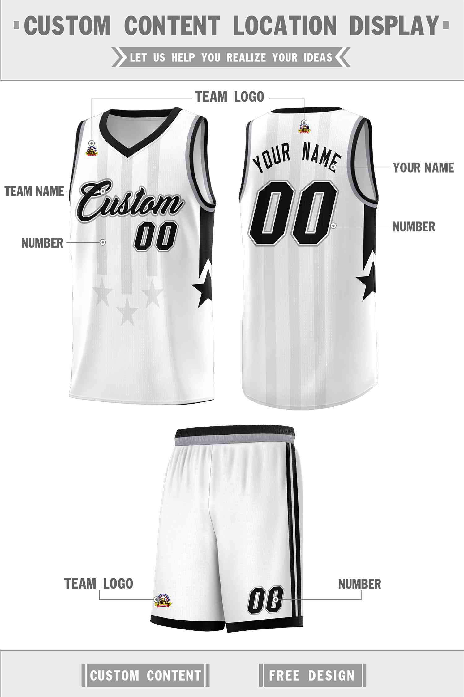 Custom White Black and Gray Gradient Star Graffiti Pattern Sports Uniform Basketball Jersey