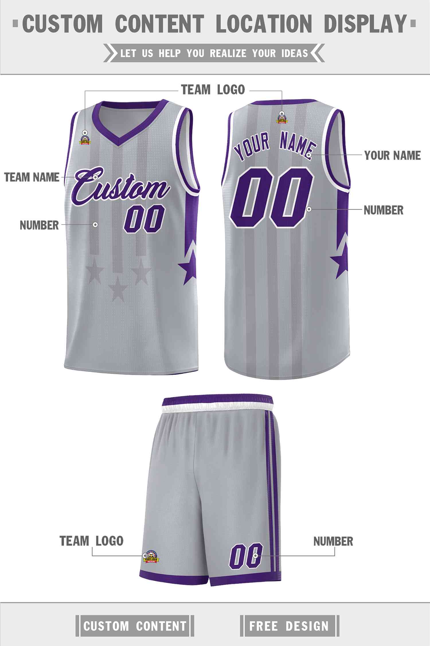 Custom Gray Purple and White Gradient Star Graffiti Pattern Sports Uniform Basketball Jersey