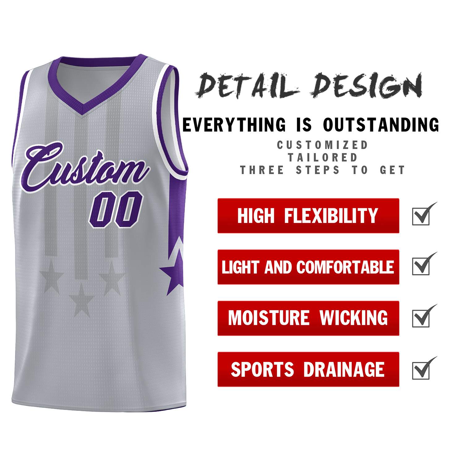 Custom Gray Purple and White Gradient Star Graffiti Pattern Sports Uniform Basketball Jersey