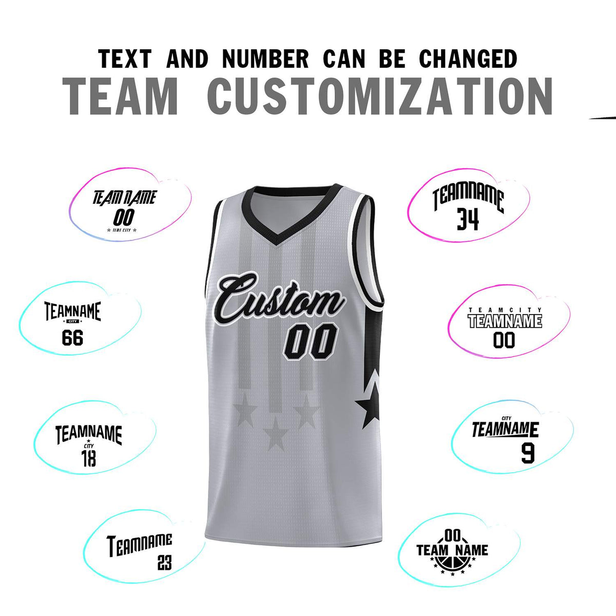 Custom Gray Black and White Gradient Star Graffiti Pattern Sports Uniform Basketball Jersey