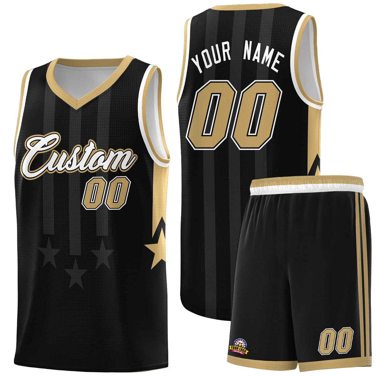 Custom Black Old Gold and White Gradient Star Graffiti Pattern Sports Uniform Basketball Jersey