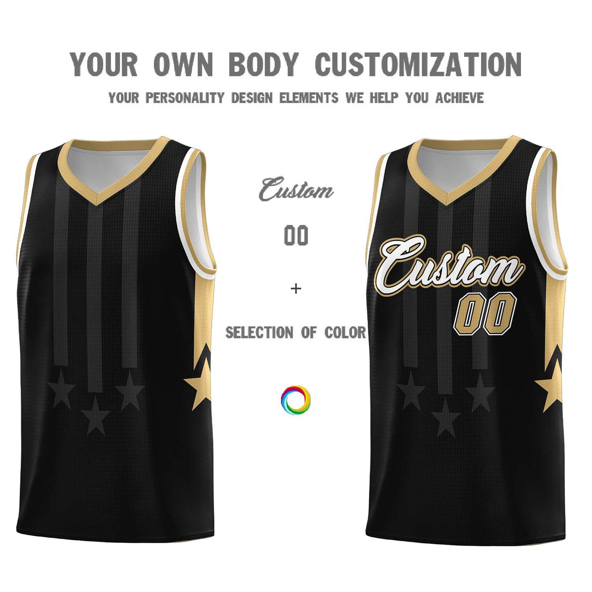 Custom Black Old Gold and White Gradient Star Graffiti Pattern Sports Uniform Basketball Jersey
