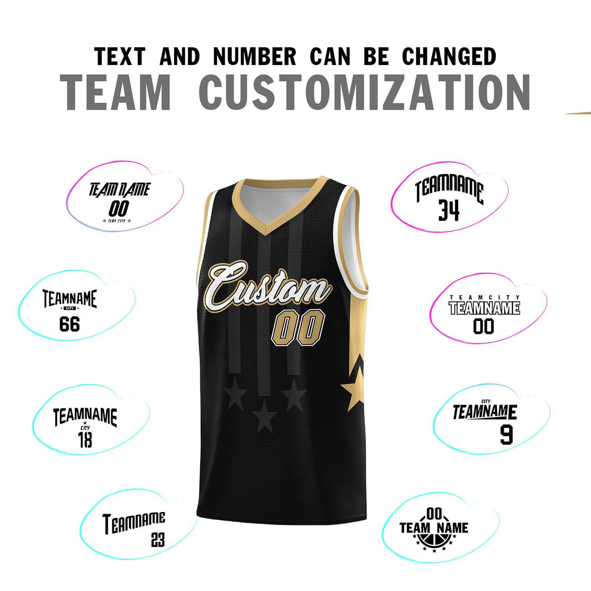 Custom Black Old Gold and White Gradient Star Graffiti Pattern Sports Uniform Basketball Jersey