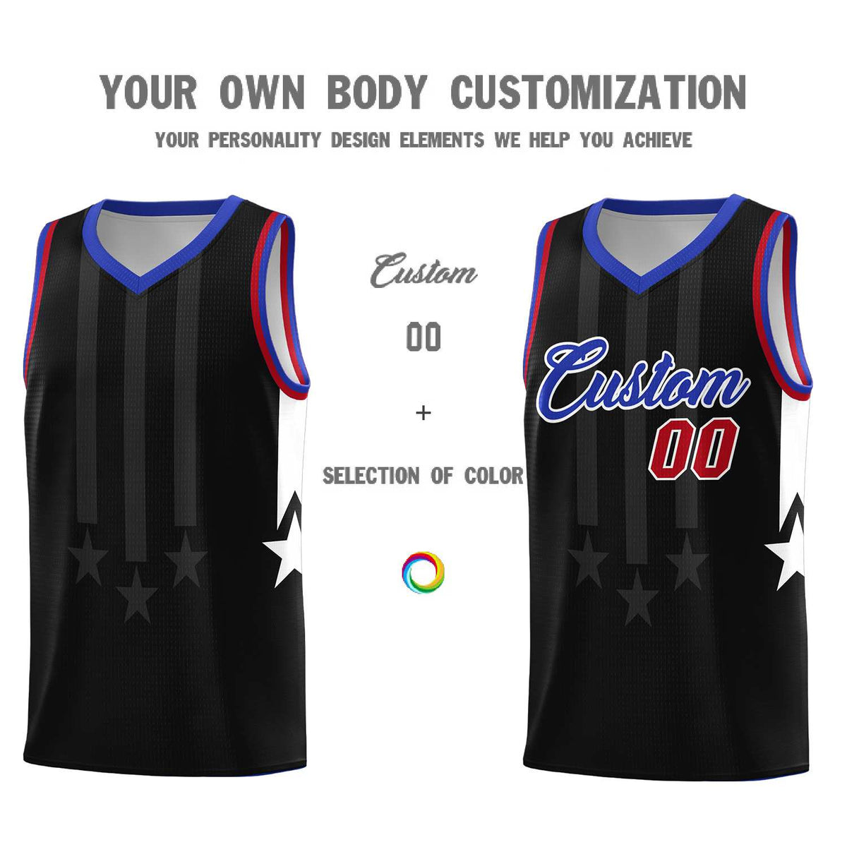 Custom Black Royal and Red Gradient Star Graffiti Pattern Sports Uniform Basketball Jersey