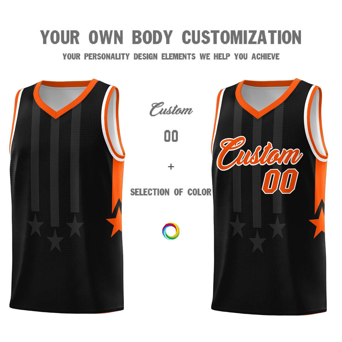 Custom Black Orange and White Gradient Star Graffiti Pattern Sports Uniform Basketball Jersey