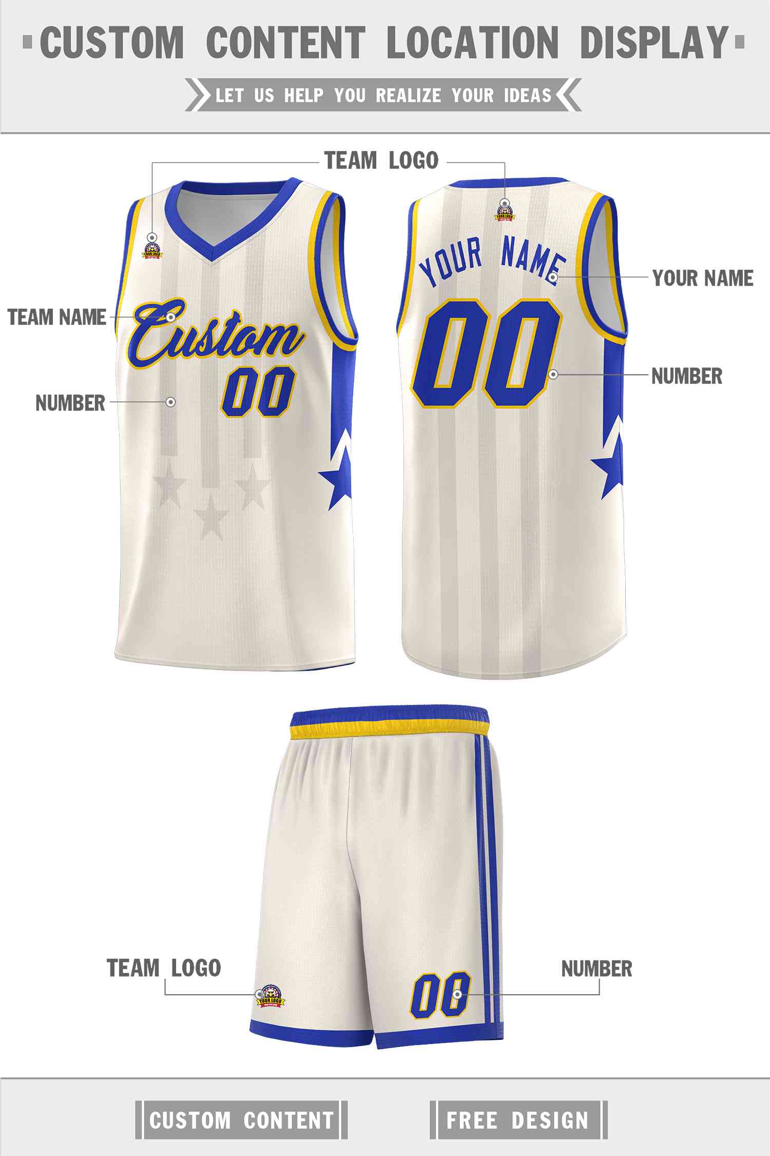 Custom Cream Royal and Gold Gradient Star Graffiti Pattern Sports Uniform Basketball Jersey