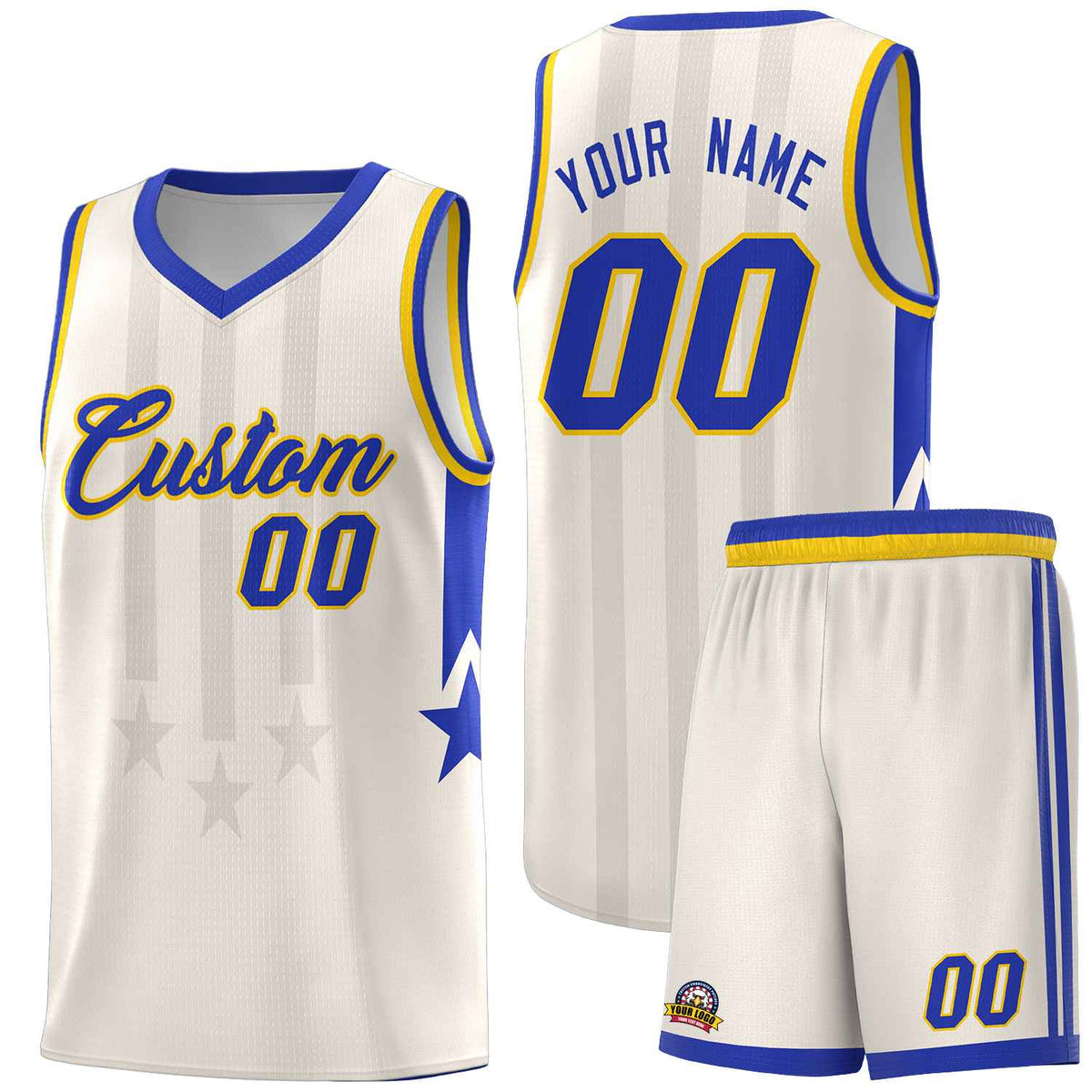 Custom Cream Royal and Gold Gradient Star Graffiti Pattern Sports Uniform Basketball Jersey