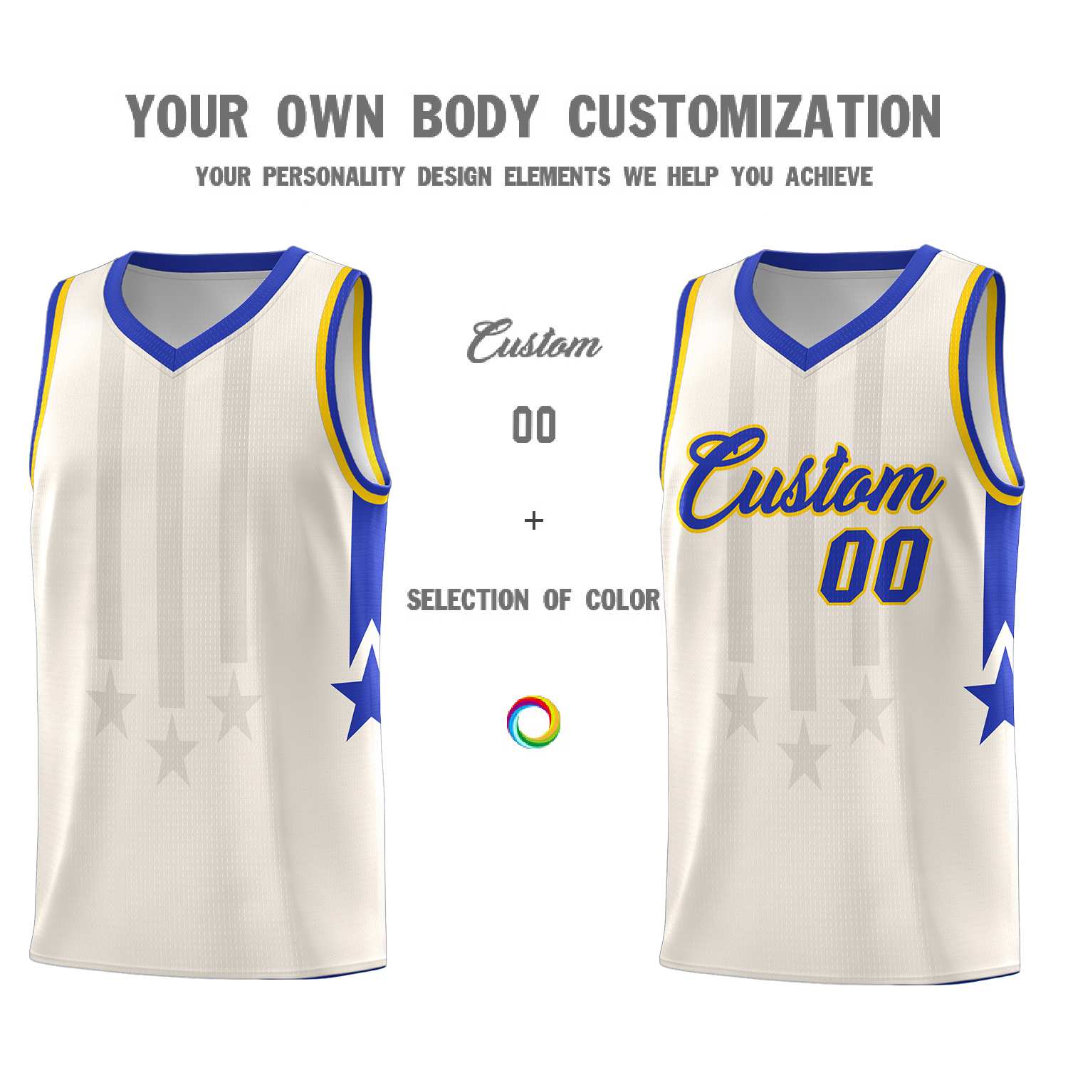 Custom Cream Royal and Gold Gradient Star Graffiti Pattern Sports Uniform Basketball Jersey