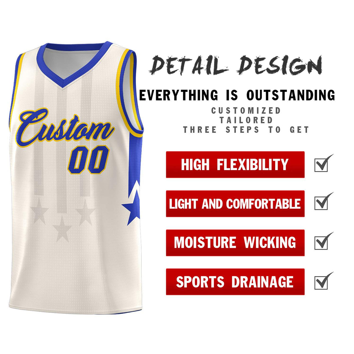 Custom Cream Royal and Gold Gradient Star Graffiti Pattern Sports Uniform Basketball Jersey