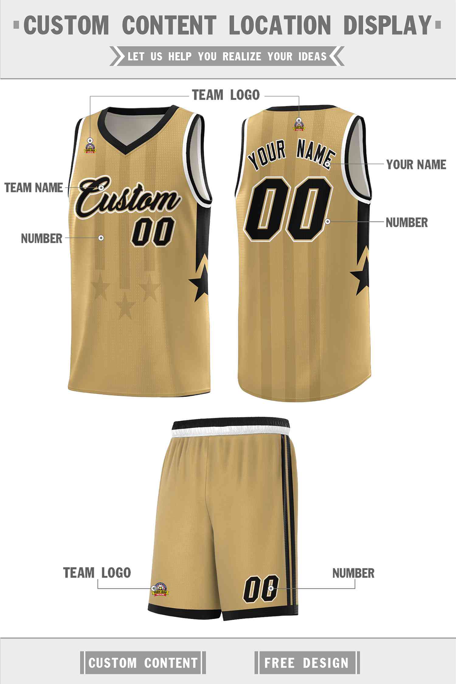 Custom Old Gold Black and White Gradient Star Graffiti Pattern Sports Uniform Basketball Jersey