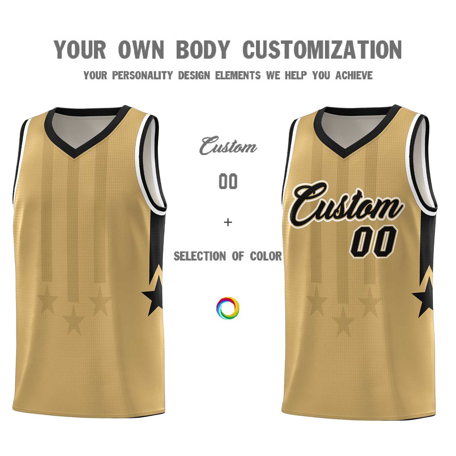 Custom Old Gold Black and White Gradient Star Graffiti Pattern Sports Uniform Basketball Jersey